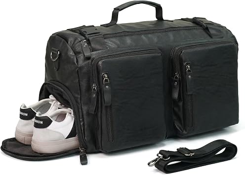 Leather Duffle Bag for Travel, Waterproof Overnight Weekend Gym Carry On Bag with Shoe Compartment for Men Women Black