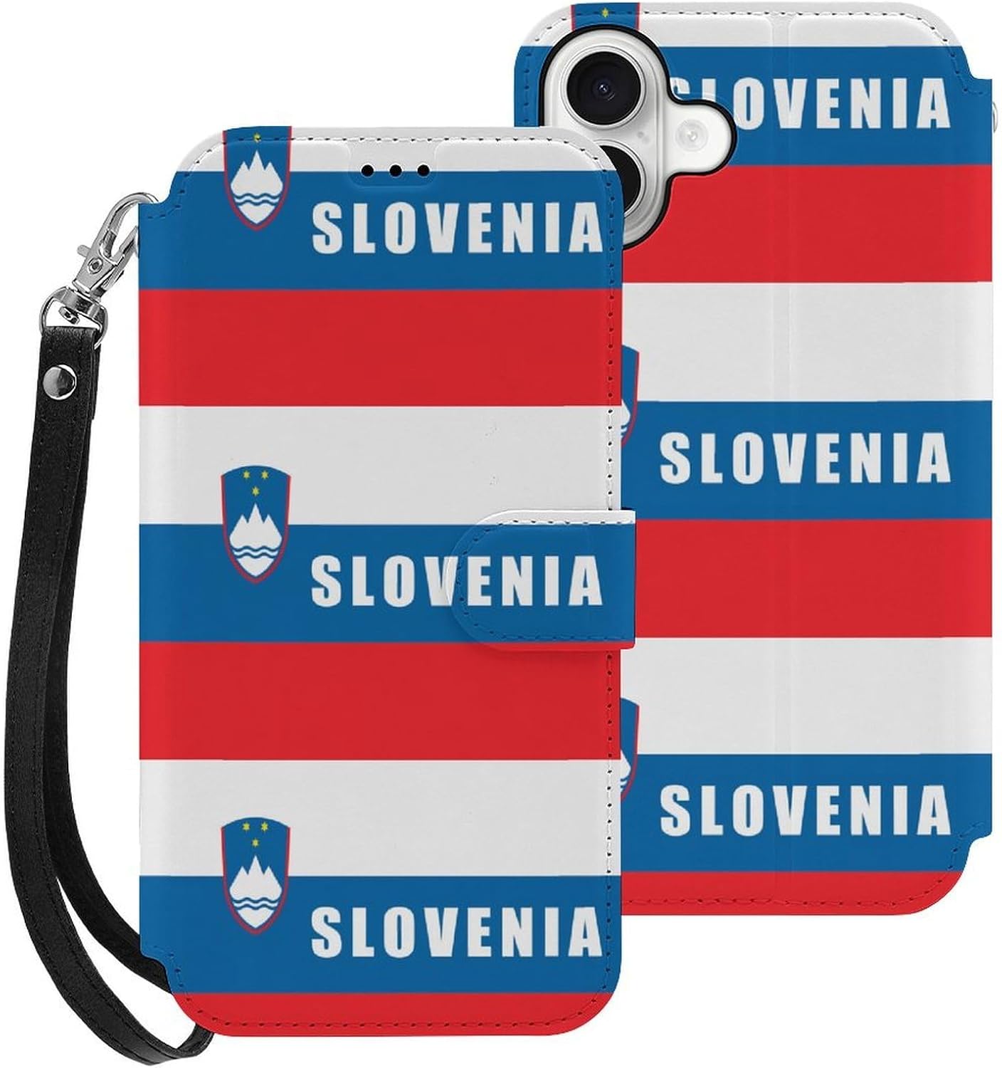Slovenia Flag Compatible with iPhone 16/16 Plus/16 Pro/16 Pro Max/16 E Case Phone Wallet Card Holder Flip Cover with Wrist Strap