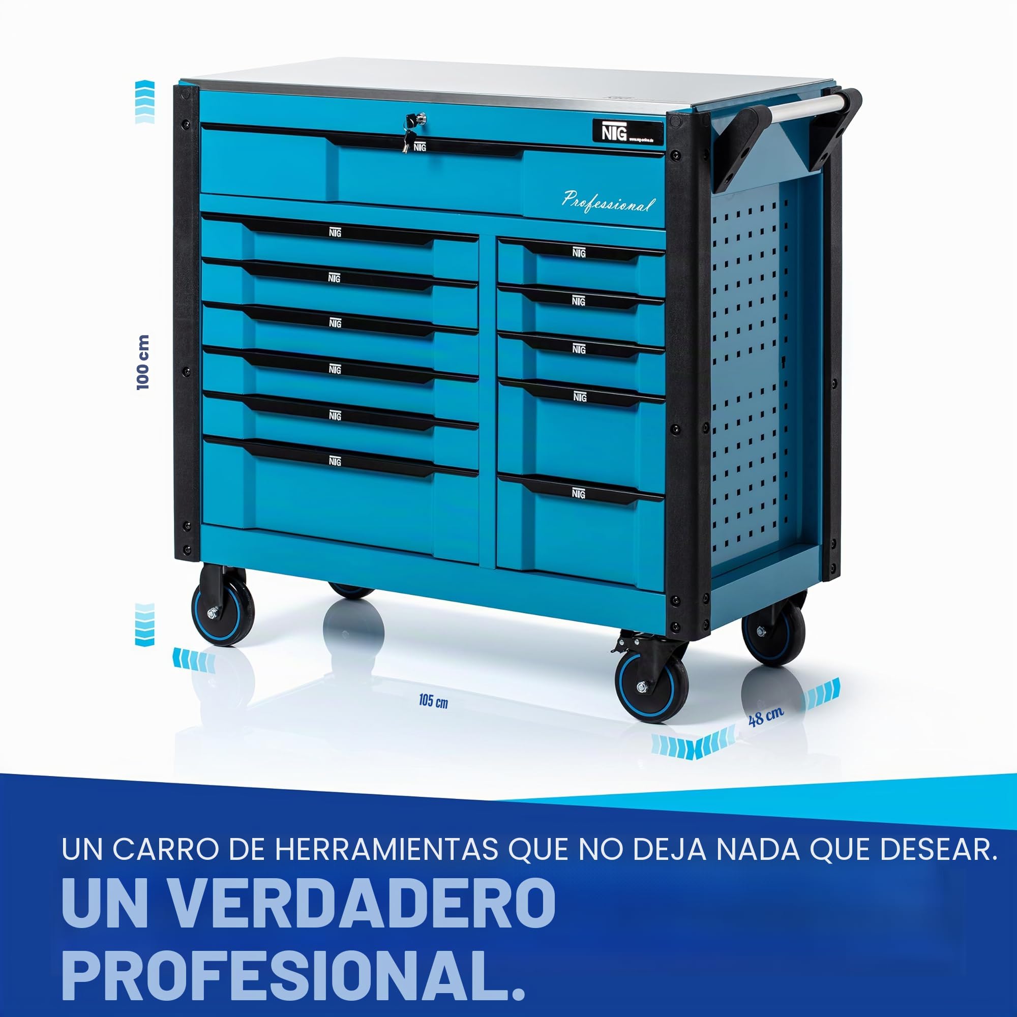 NTG Carro de herramientas XXL equipado con herramientas | 457 piezas | +12 cajones con cerradura | 10 de ellos con herramientas | con inserciones suaves en aspecto de carbono | carro de taller caja de