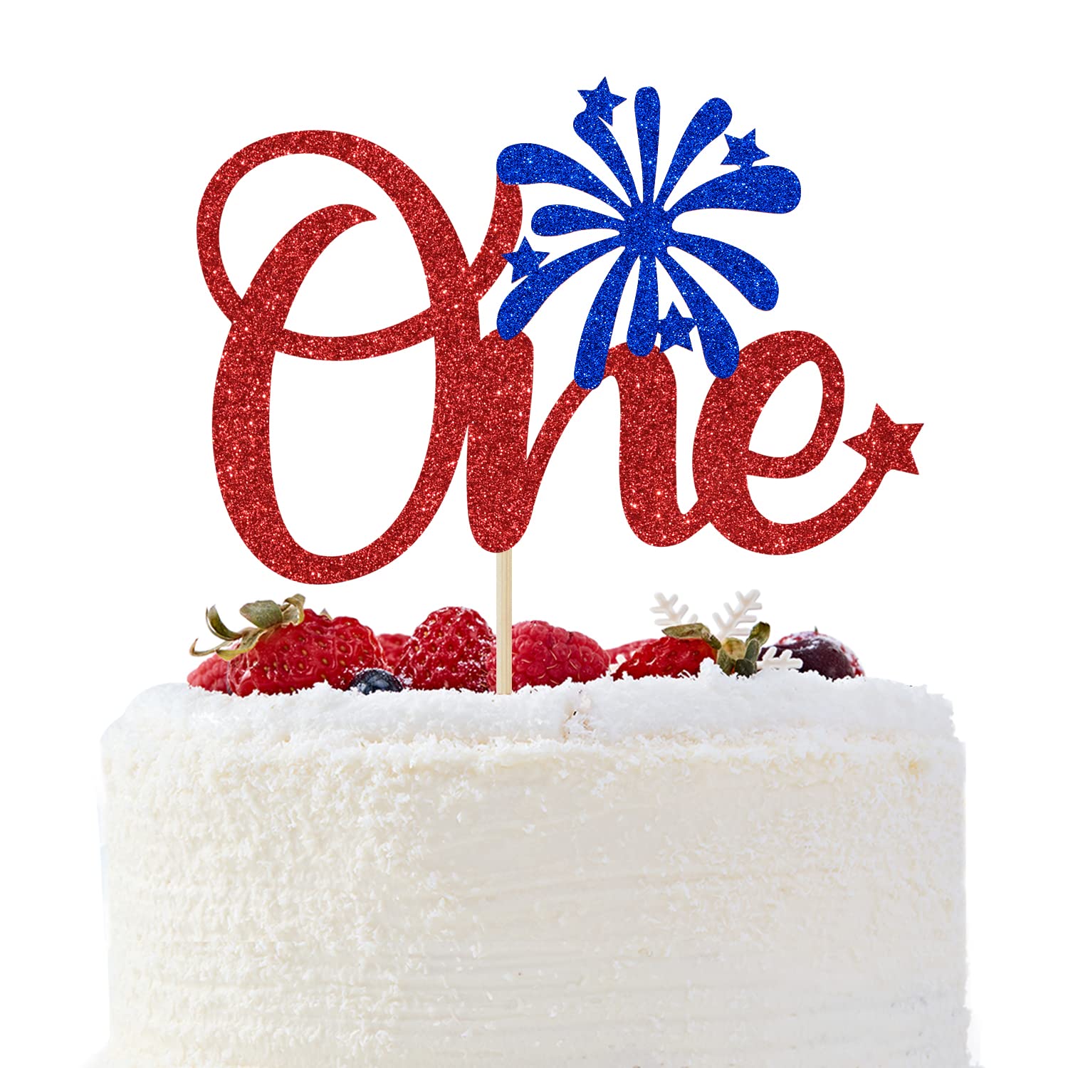 One Cake Topper - 4th of July 1st Birthday Decorations, Little Firecracker First Birthday, Gender Reveal Baby Shower Party Decorations, Red Glitter