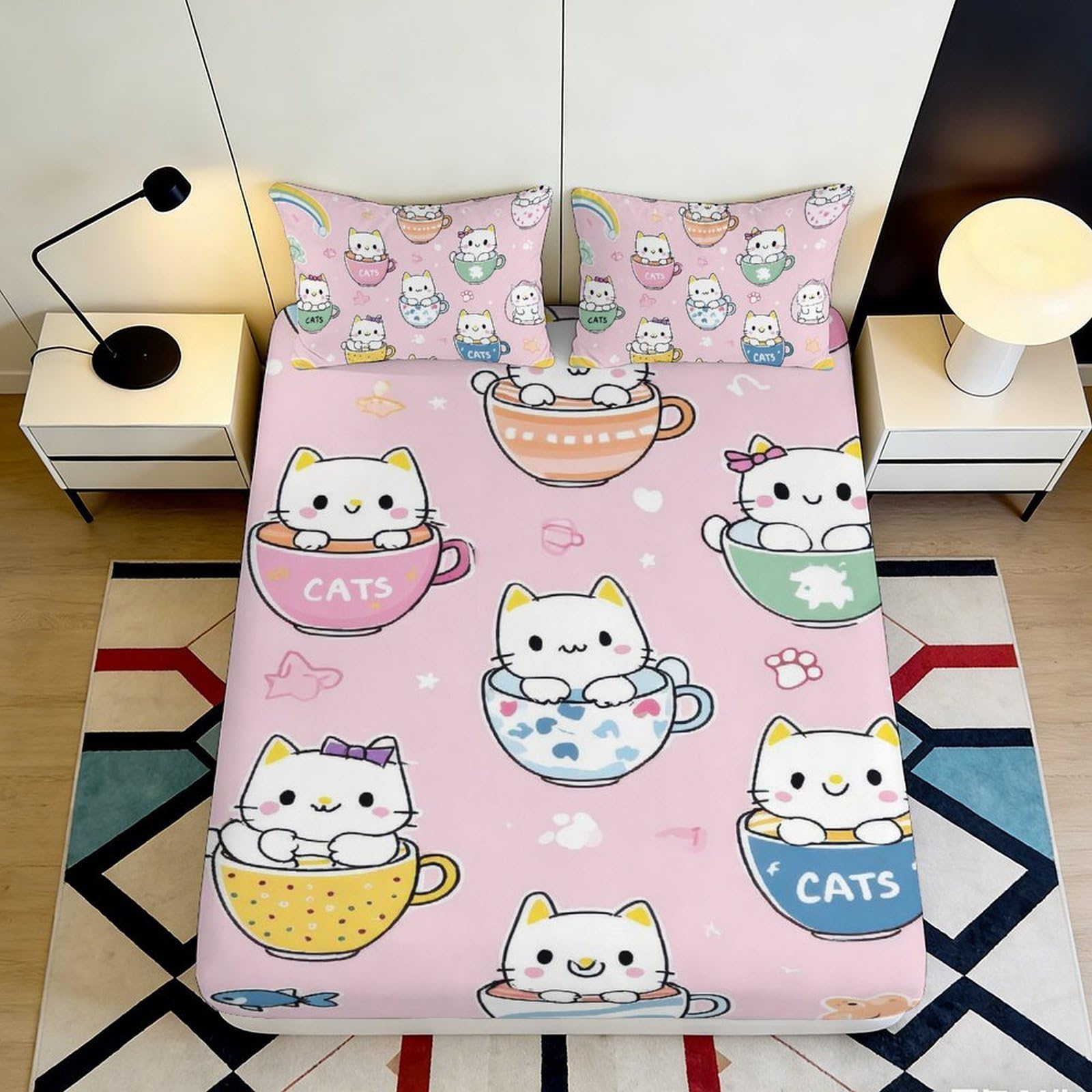 3D Printed Cute Cat Teacup Fitted Sheet Microfiber Soft Pink Cartoon Animal Mattress Cover for Bedroom Dorm Home Decor 160x200x25cm