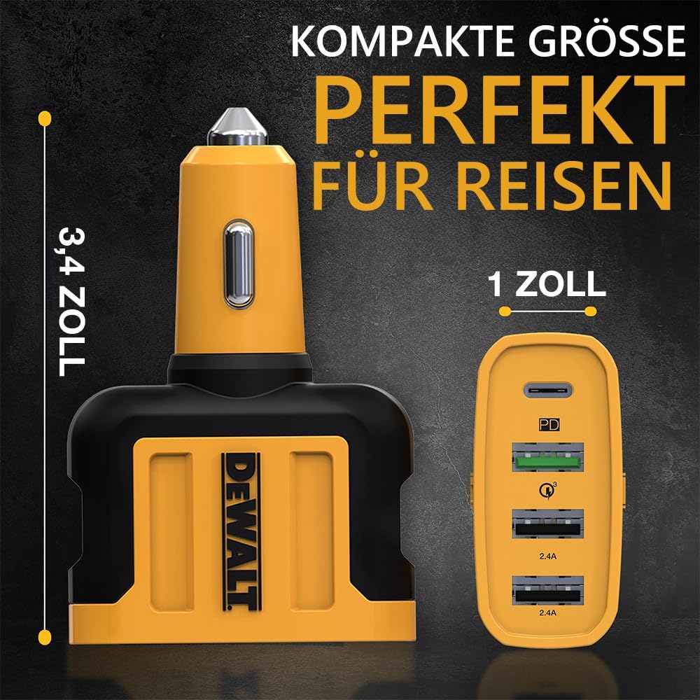 DEWALT USB-C-Autoladegerät, 60 W 4-Port-Schnellladegerät-Adapter, Pd-Typ-C-Autoladegerät kompatibel mit iPhone 16/15/Samsung, USB-Ladegerät für den Zigarettenanzünder