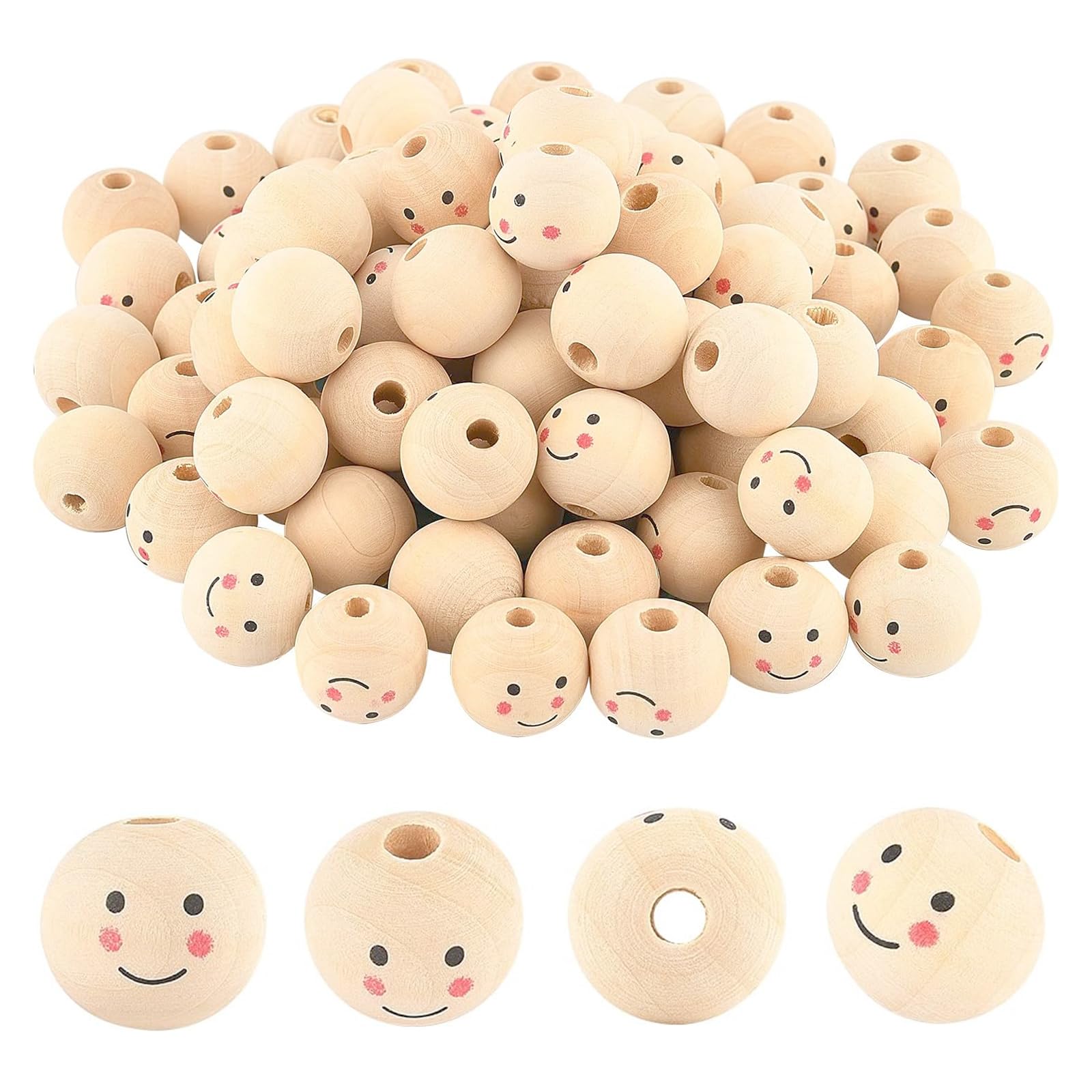 150 Palline Di Legno Con Faccine 20 Mm - Perline Con Foro Per Braccialetti, Collane E Lavoretti DIY - Foto 11