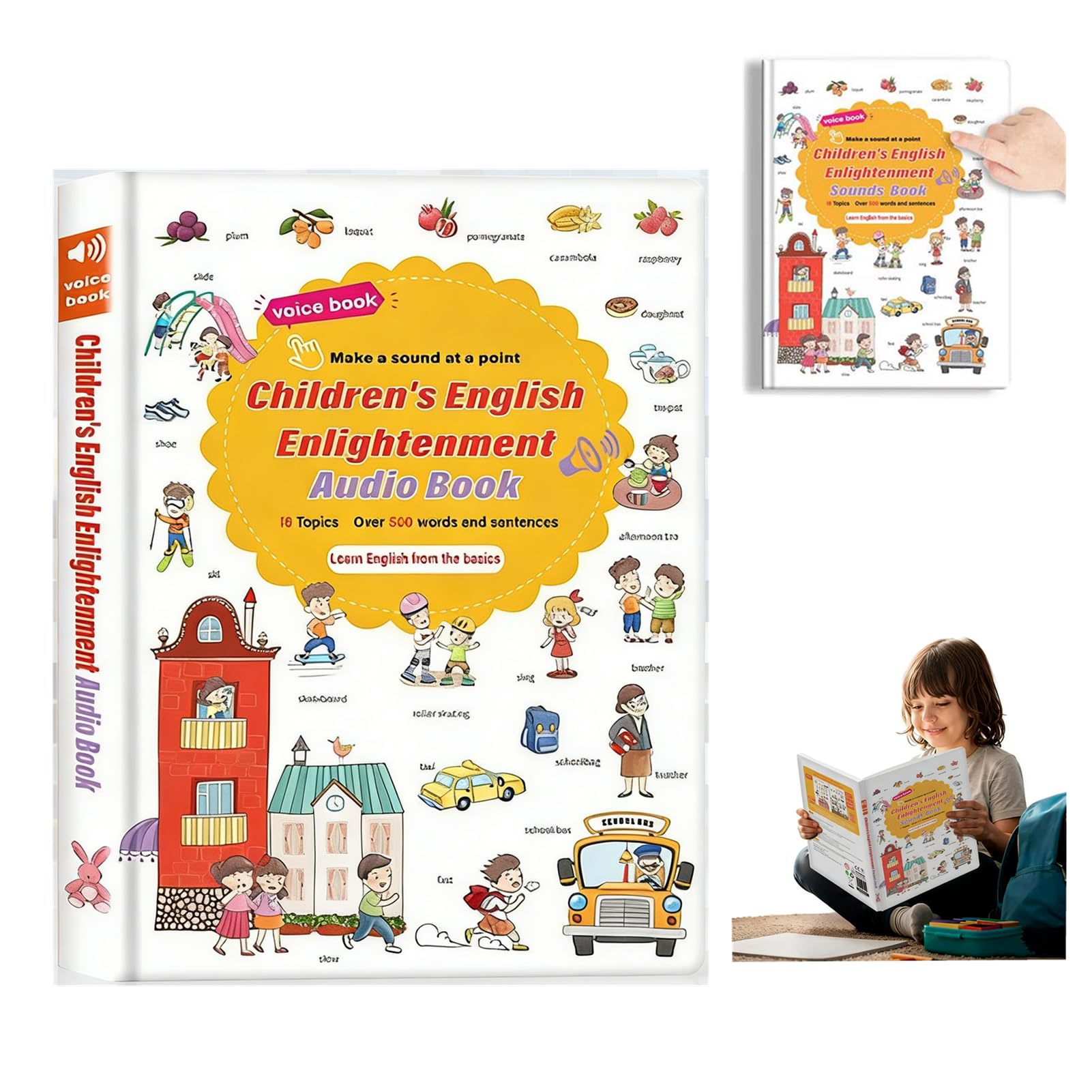 500-Word Audio Learning Book, English Words Sound Book for Kids 18 Topics Rechargable Children's First Talking Books