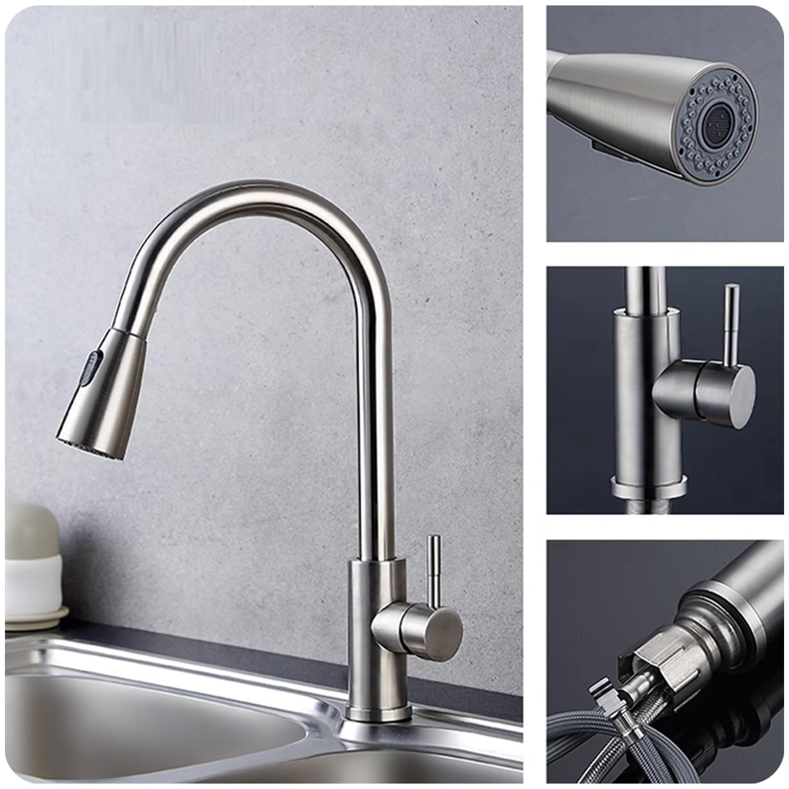 Lavello in Acciaio Inox, lavello da Cucina a Incasso con cestello di Scarico, Rubinetto Estraibile Multifunzionale a Vasca Singola e lavabicchieri per Bar, balconi e Appartamenti.