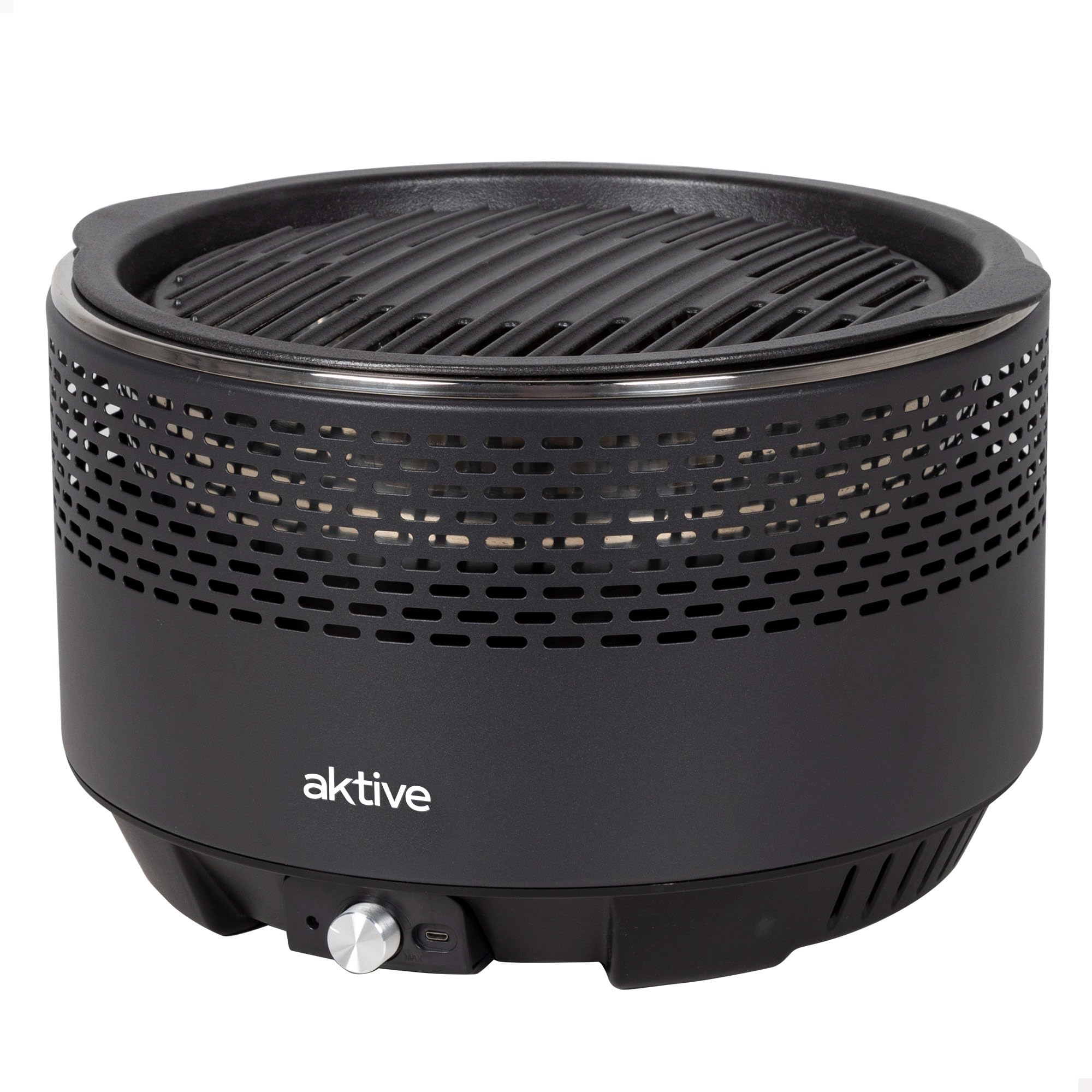 Aktive 63002 - Barbecue portatile a carbonella ricaricabile senza fumo con batterie Nero, Antigoccia, Misure Ø34x22cm, Include borsa di trasporto, Cuoce all'interno, Grill