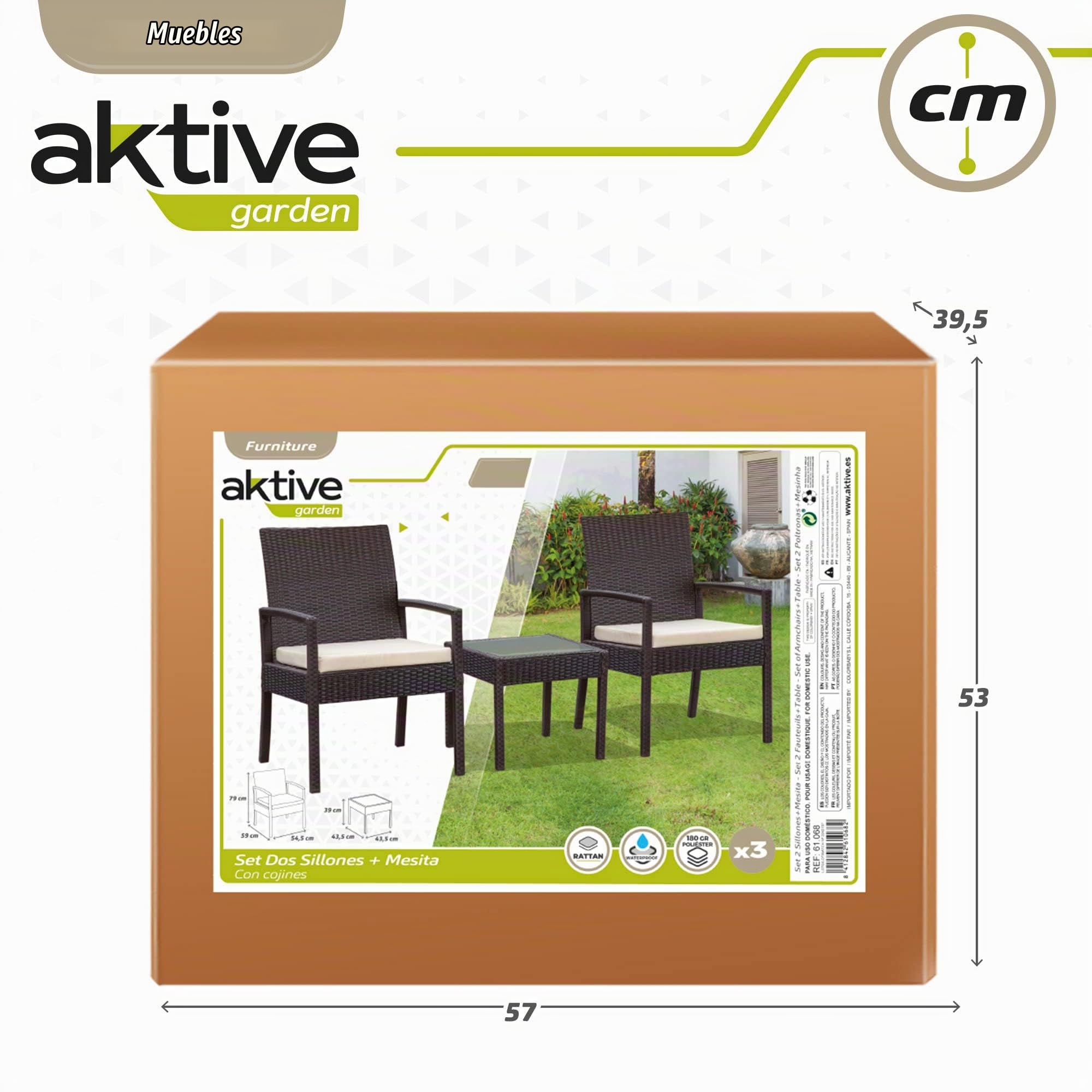 AKTIVE 61068 - Set muebles para jardín y terraza ratán, Muebles terraza exterior, incluye 2 sillones jardín exterior con cojín acolchado y 1 mesa terraza exterior, Conjunto jardín exterior, Oscuro
