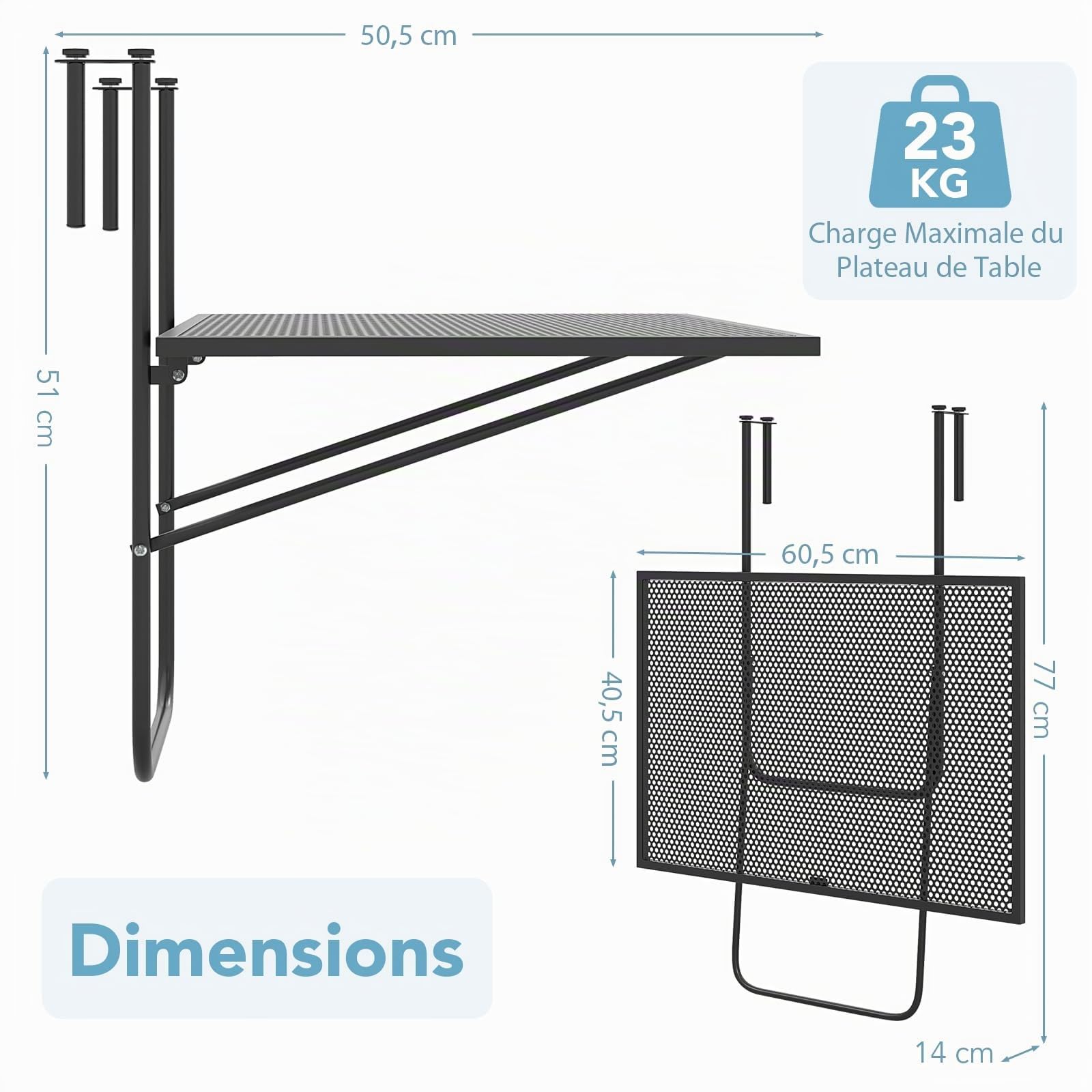 GOPLUS Table de Balcon Suspendue avec Crochets Réglables, Table Balcon Pliante en Métal Extérieure, Support de Plantes Mural, Polyvalent pour Terrasse, Charge 23KG, 60,5 X 40,5 CM, Noir
