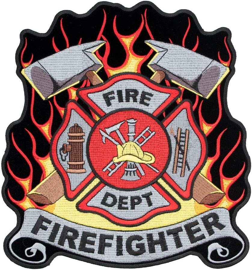Firefighter Cross Red & Yellow Flames Patch, Large Size