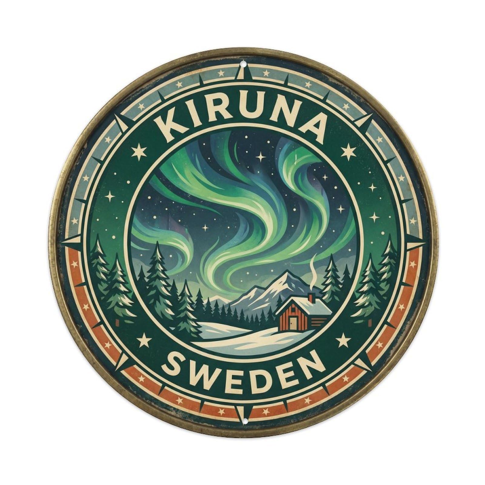 Vintage Sweden Kiruna Round Travel Vintage Metal Tin Sign Plaque Wall Decor for Cafe, Club Bar, Office, Garden Metal Poster 8x8Inch