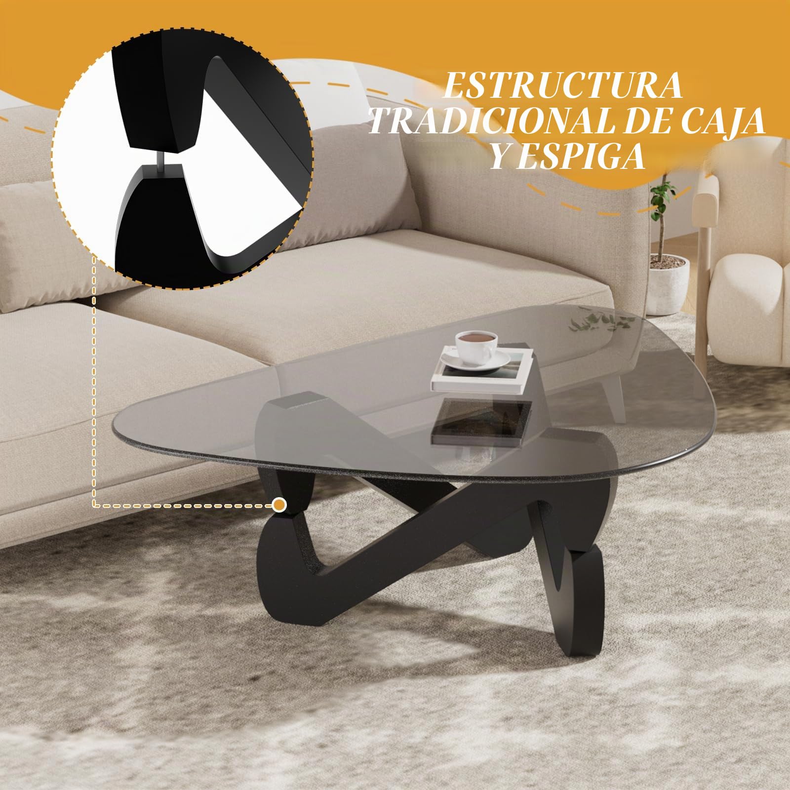 Mesa de centro de cristal triangular, mesa de centro moderna con base triangular de madera maciza y vidrio templado grueso, mesa auxiliar, mesa de café elegante para sala de estar oficina, 82 x 57 x