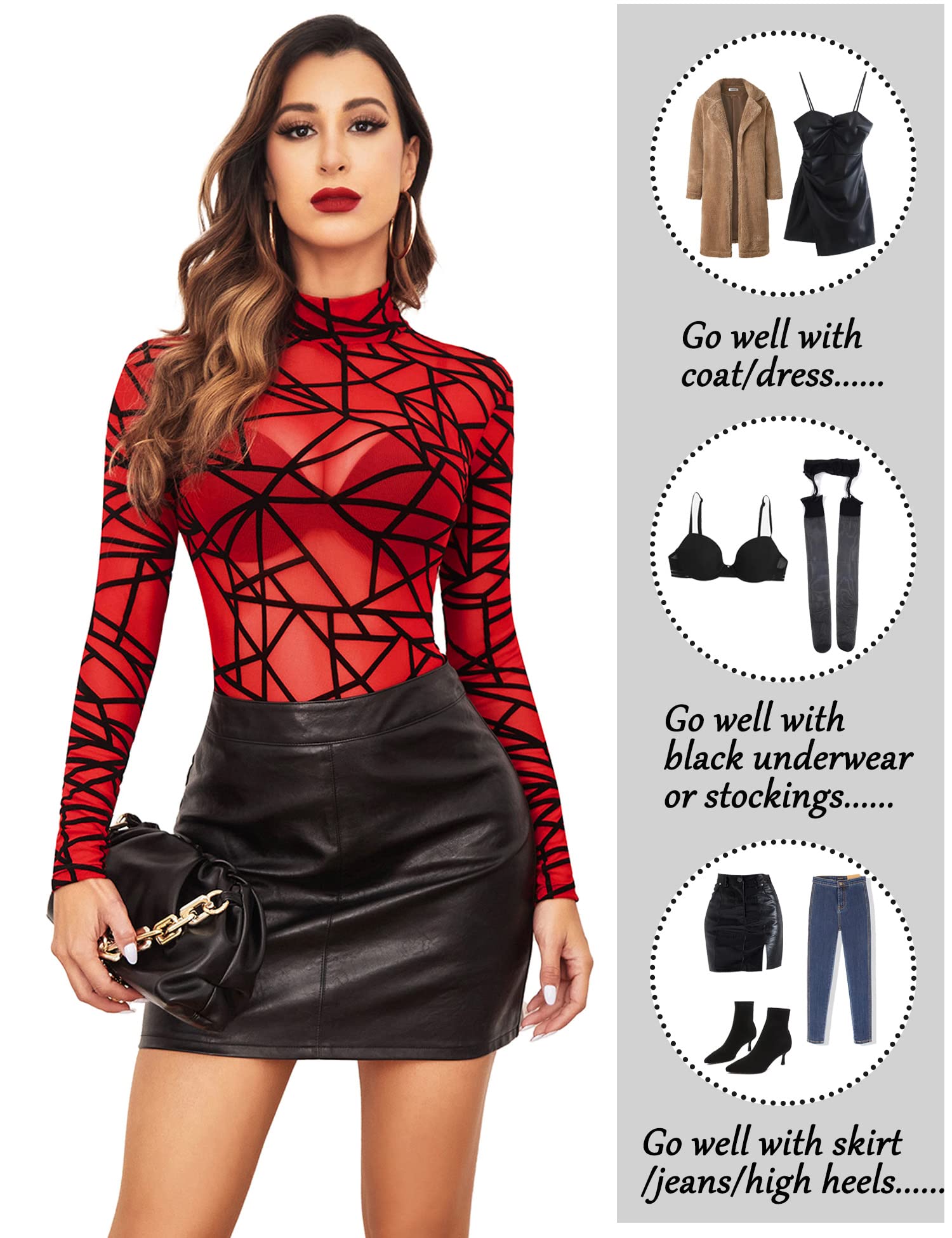 Avidlove Long Sleeve Bodysuit for Women Turtleneck Sheer Mesh Bodysuit Geo Print Leotards