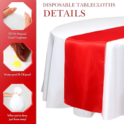 Miniatura 4 de Preboun Paquete de 24 manteles desechables navideños de satén rojo de 12 x 108 pulgadas y manteles redondos de plástico de 84 pulgadas para