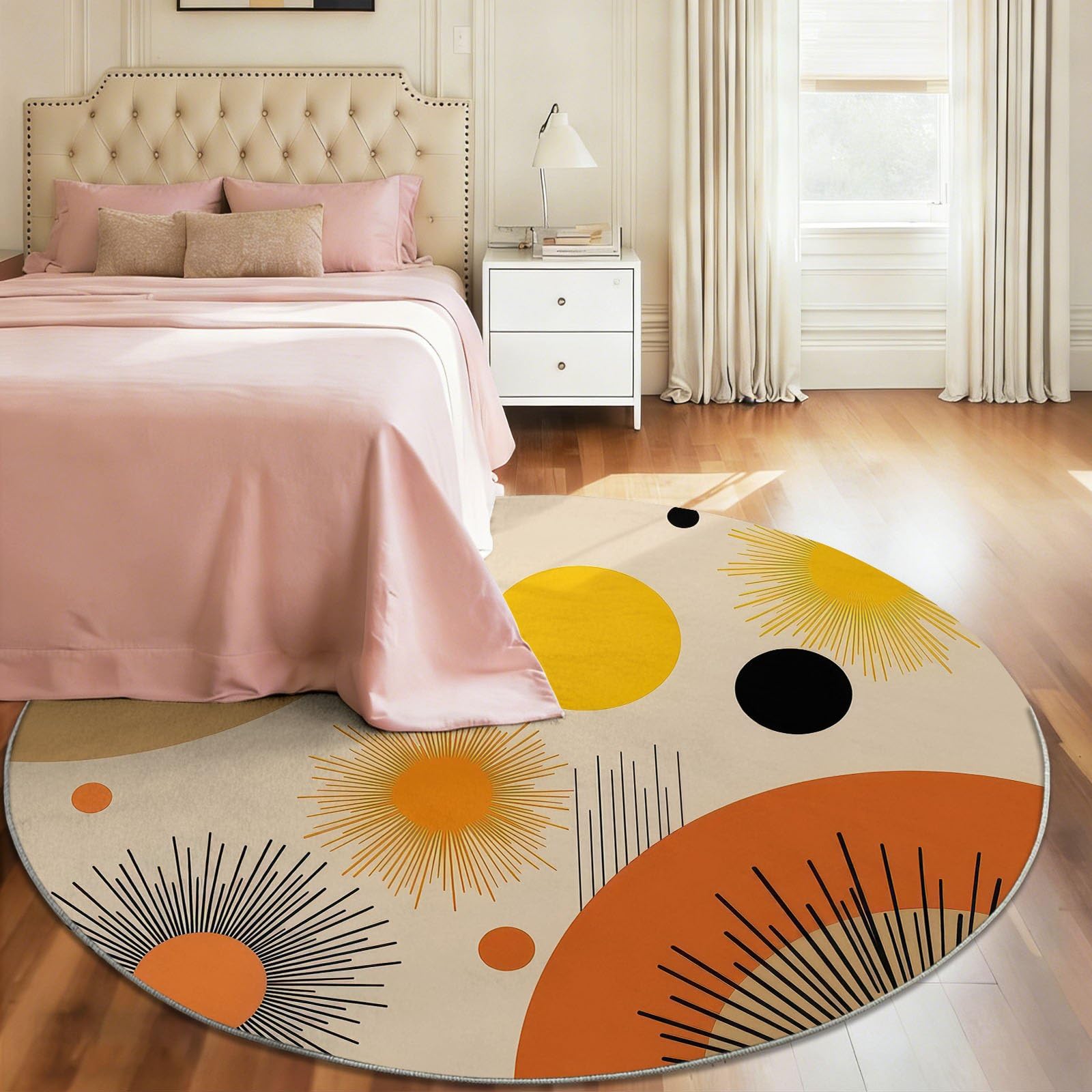 Tappeto rotondo moderno stile retrò metà secolo lavabile cerchio linea sole geometrico morbido tappeto in finta lana, 200 cm antiscivolo tappeto rotondo ideale per soggiorno, camera da letto, studio