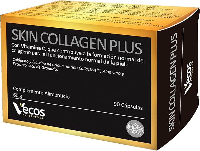 Colágeno con Elastina y Vitaminas A, B2, C, Yodo, Cobre y Zinc – 90 Cápsulas – Complemento Alimenticio - Contribuye a la nutrición de las células de la piel