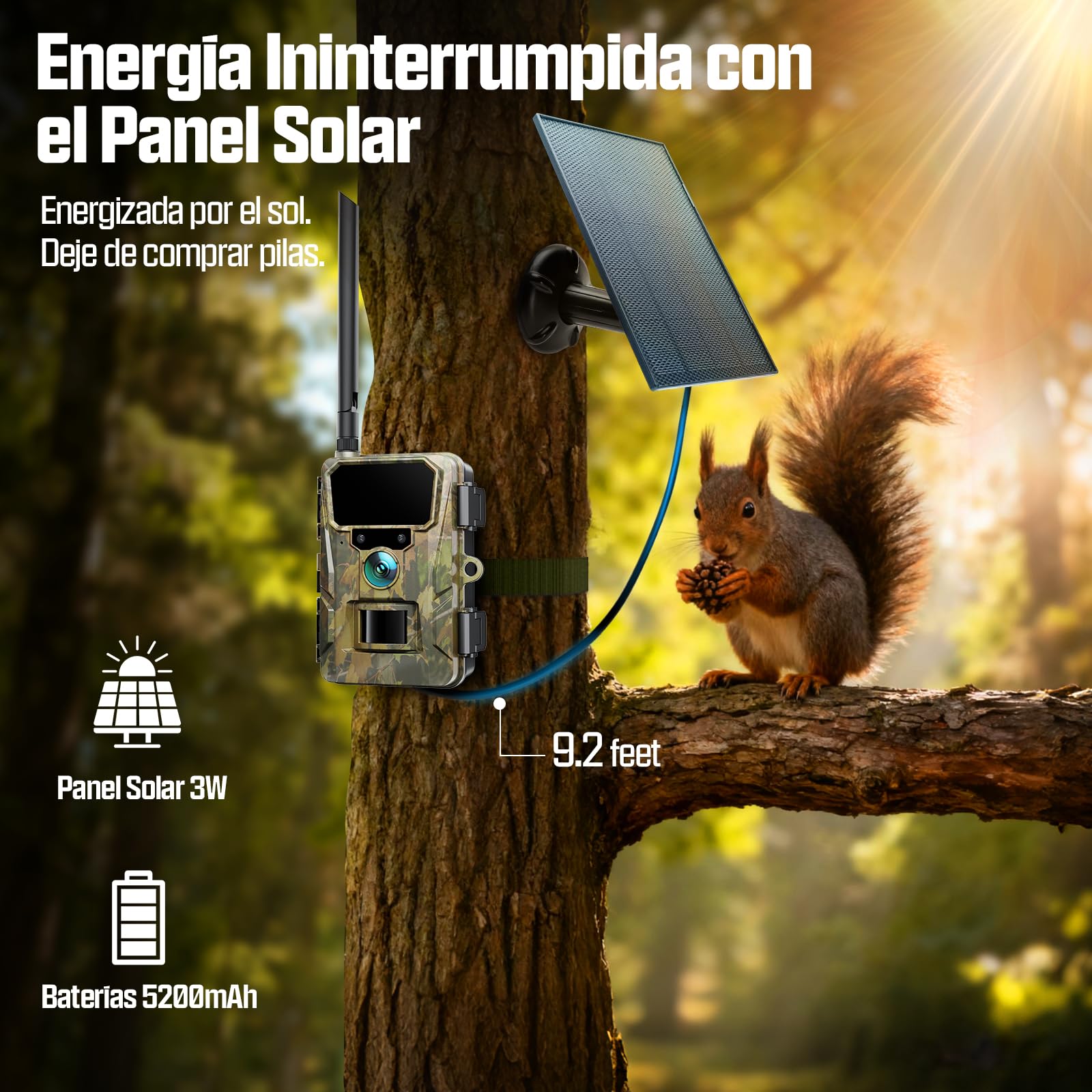 CEYOMUR 4G LTE Cámara de Caza Solar con SIM y TF 64GB, 48MP Cámara Fototrampeo Nocturna con Live View HD, Batería 5200mAh, Alertas al Móvil y Control por App, Detección de Movimiento 0,2s, IP66