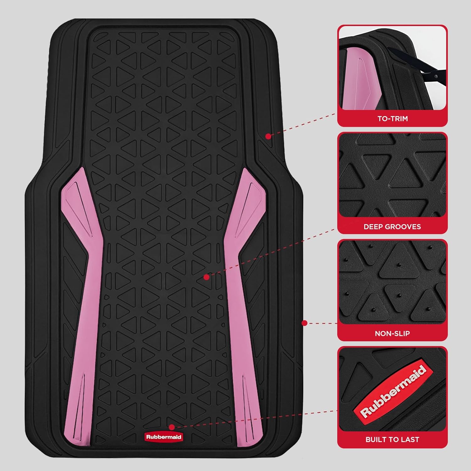 Rubbermaid Car Floor Mats Full Set, Premium Heavy Duty All-Weather Car Mats– Rugged Rubber with Brushed Aluminum Inserts, Universal Trim-to-Fit, Anti-Slip Backing for Cars, SUVs, Trucks & Vans - Pink - Image 4