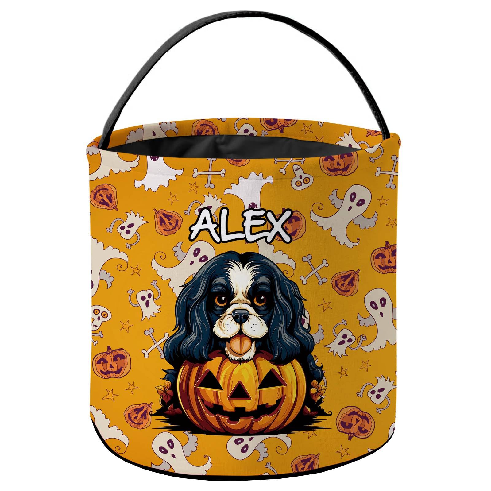 KafePross Personalized Halloween Trick or Treat Bag Cavalier King Charles Spaniel Dog Lovely Puppy Pumkin Ghost Decor Basket Candy Gifts Bucket for Kids 9 x 9.8 Inch Yellow