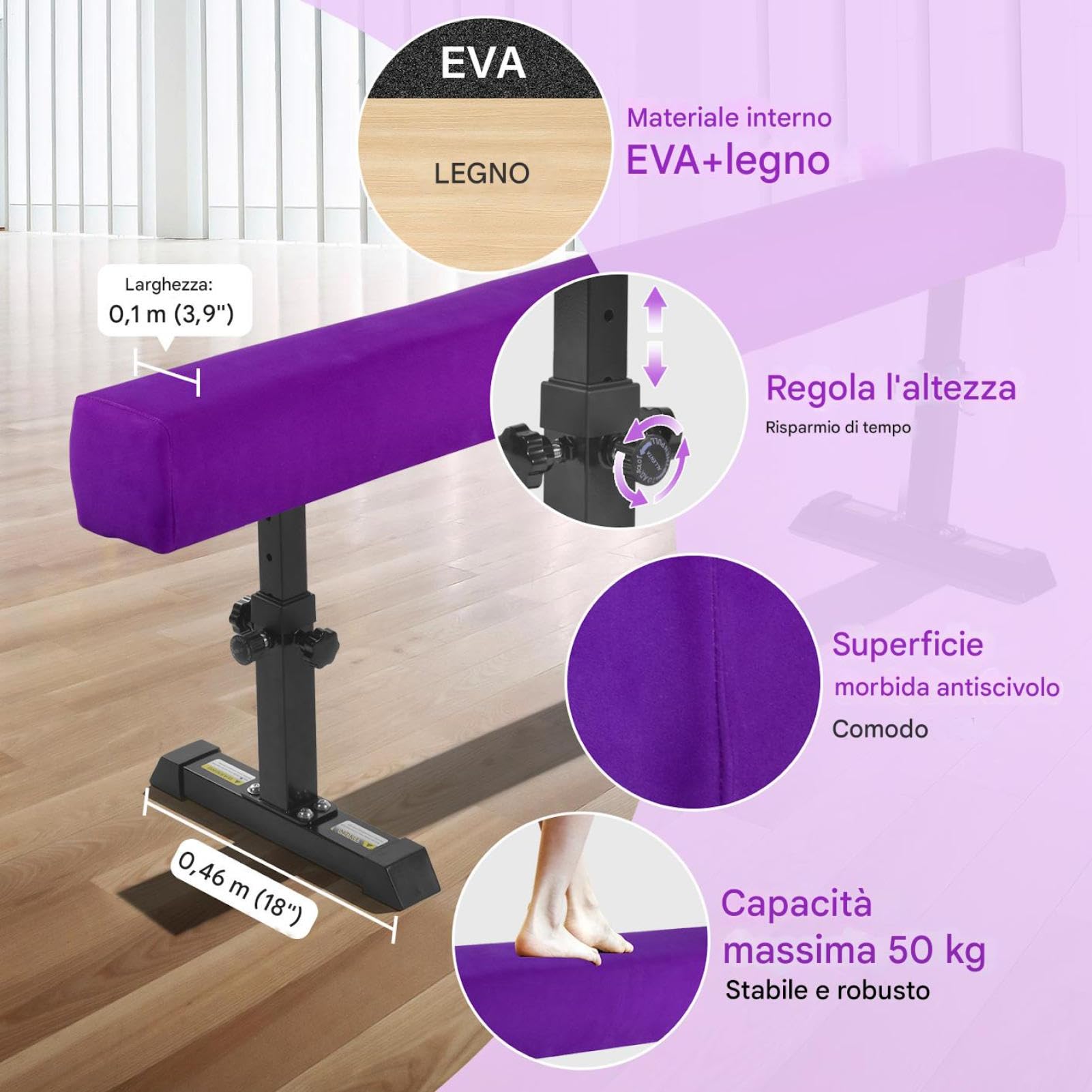 Trave ginnastica artistica per casa 5 Altezza regolabile Trave di equilibrio per bambini Capacità di carico 50 kg Traves ginnastica artistica 180cm di lunghezza Attrezzatura per l'allenamento Beam Gym