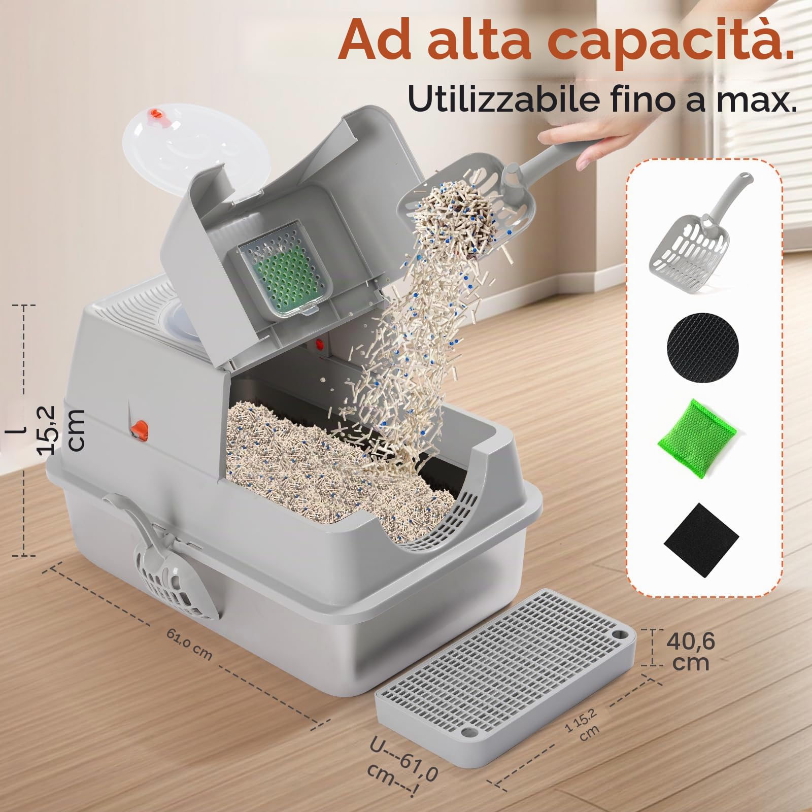 Lettiera per gatti in acciaio inox – coperta, adatta per gatti piccoli, medi e grandi, facile da pulire, controllo degli odori, superficie antiaderente, rimovibile, flip top a 180°, grigio
