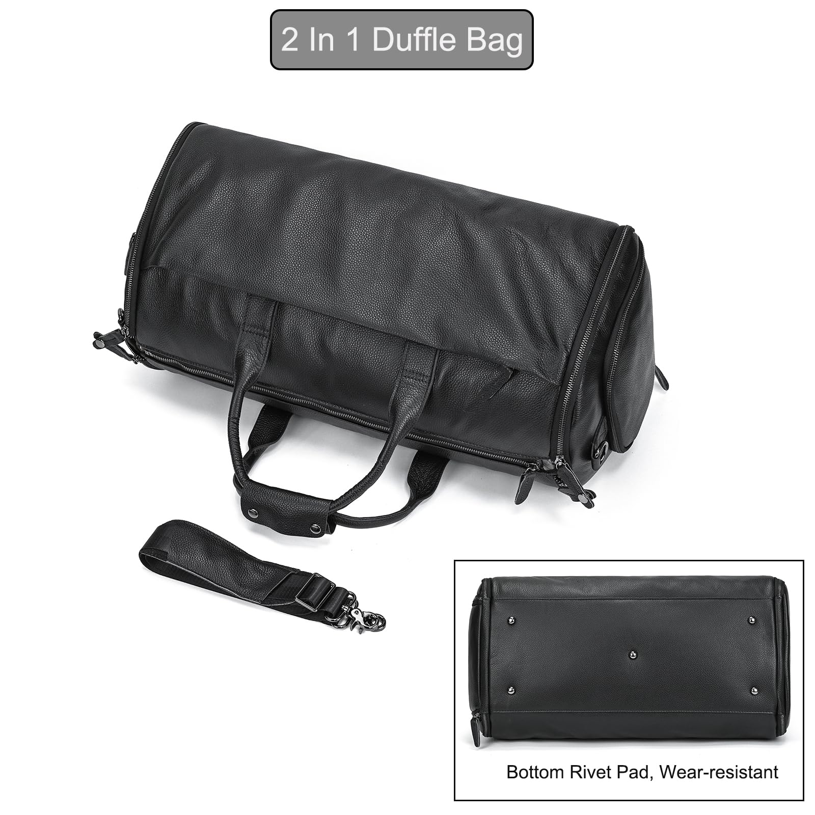 LUUFAN Echtes Leder Garment Bag Großes Fassungsvermögen Reisetasche Business Suit Carrier Bag mit Schuhfach, Männer Frauen Duffel Taschen für Overnight Gym Sports Weekend, Schwarz