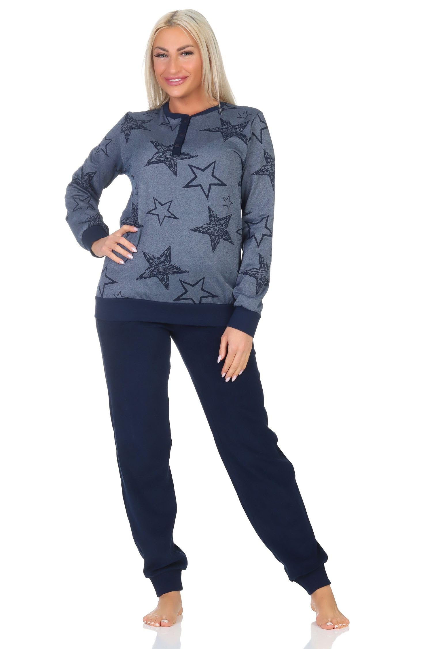 Normann Women's Terry Cloth Pyjamas with Cuffs - Stars Look - Also in Plus Size, navy, 60-62