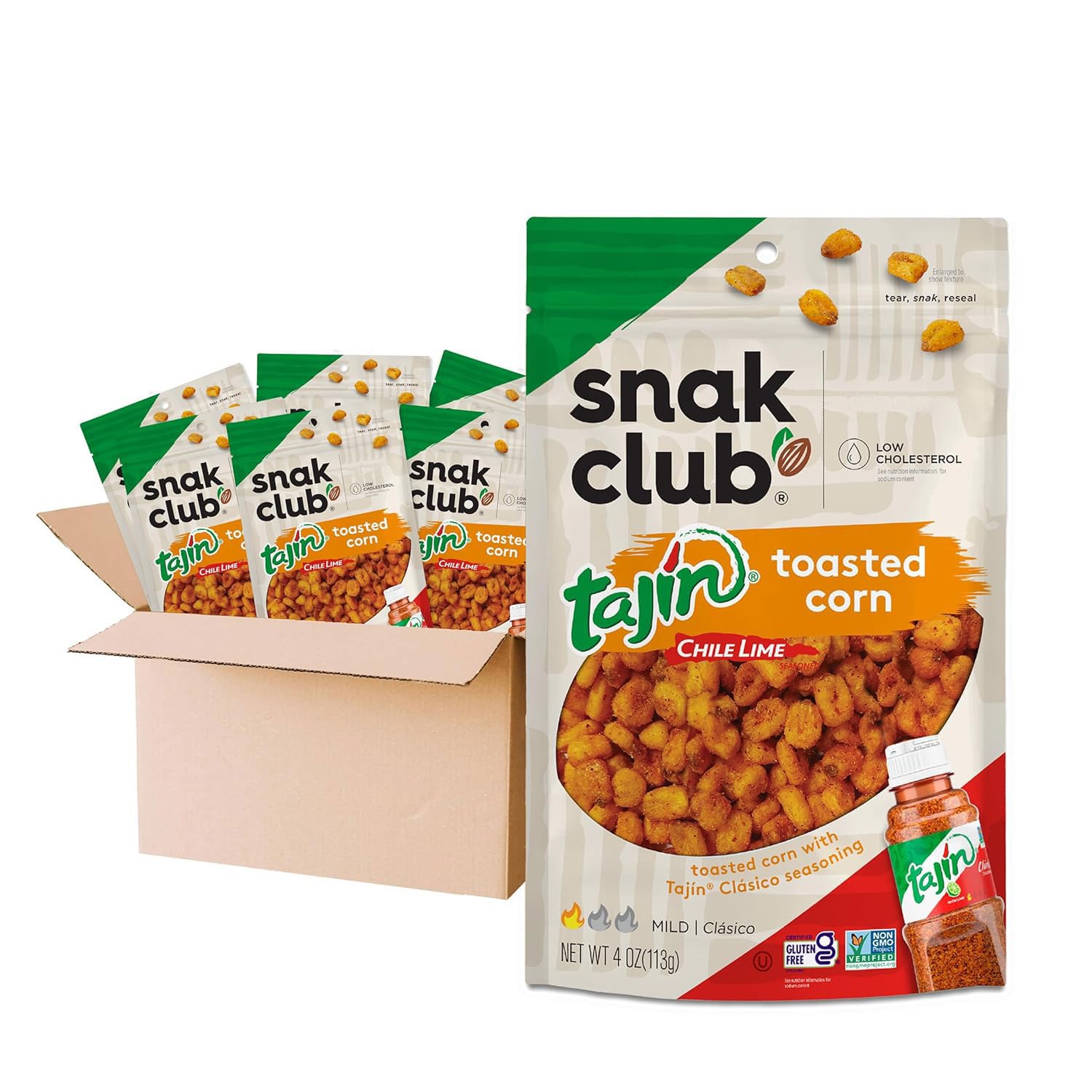 Snak Club Tajin prażona kukurydza, bryłki kukurydzy z chili i przyprawami limonkowymi, łagodna, bez GMO, bezglutenowa, koszerna przekąska, bez sztucznych barwników i aromatów, możliwość ponownego