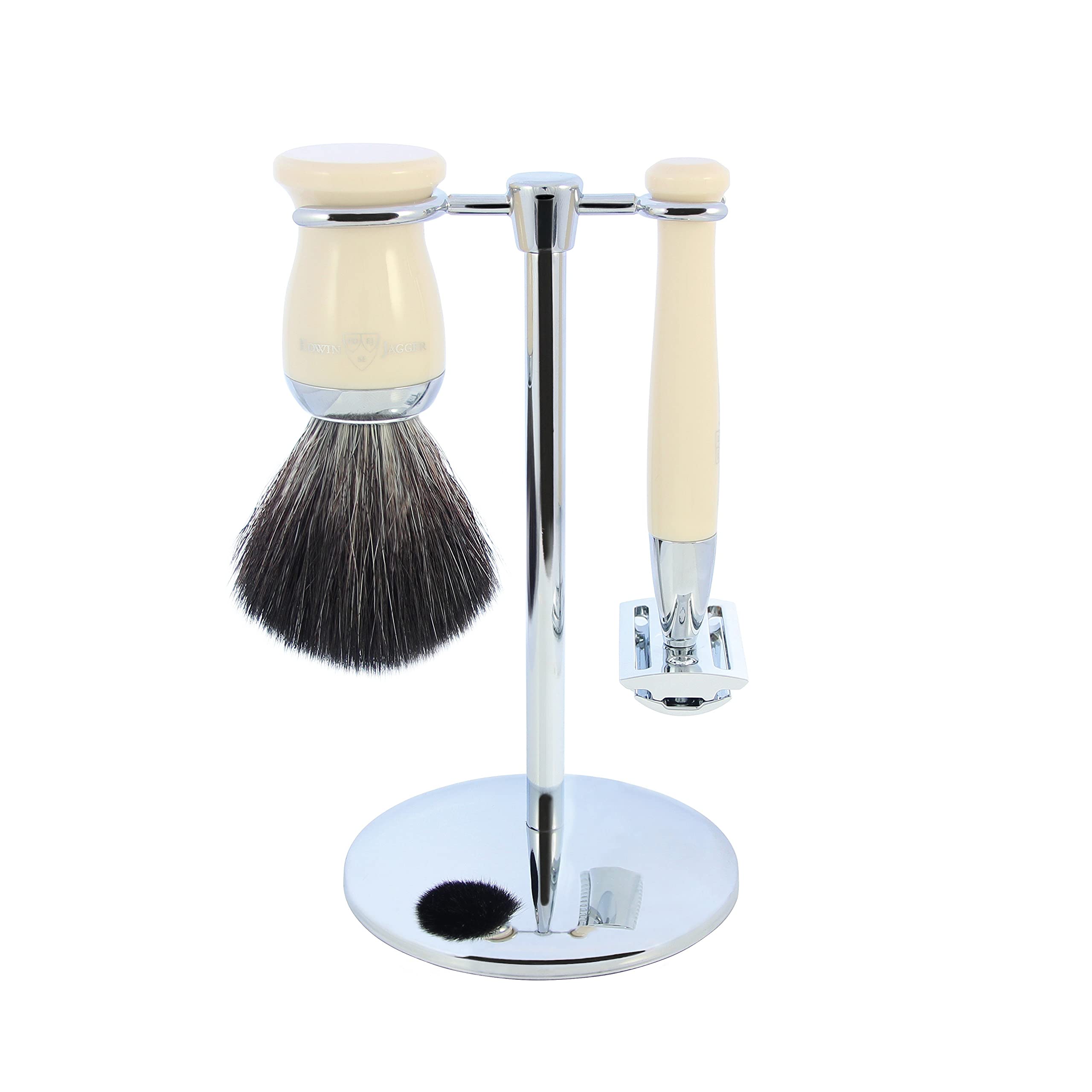 Edwin Jagger Set 3 Pezzi Rasoio Classico, Pennello da Barba Sintetico e Supporto Avorio, Unico e Standard