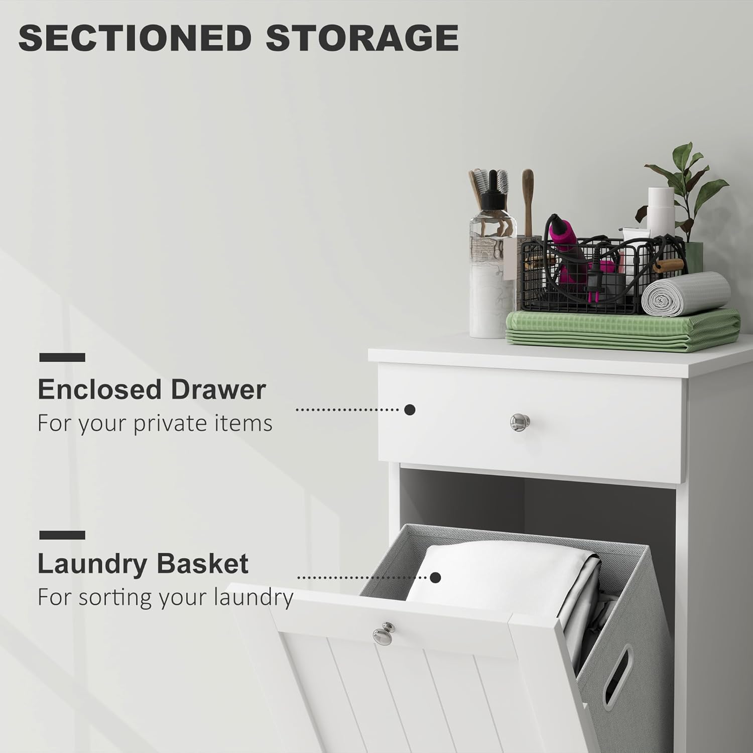 HOMCOM Laundry Cabinet with Removable Basket, Tilt Out Laundry Hamper with Drawer and Beadboard Door, Bathroom Hamper Cabinet, White