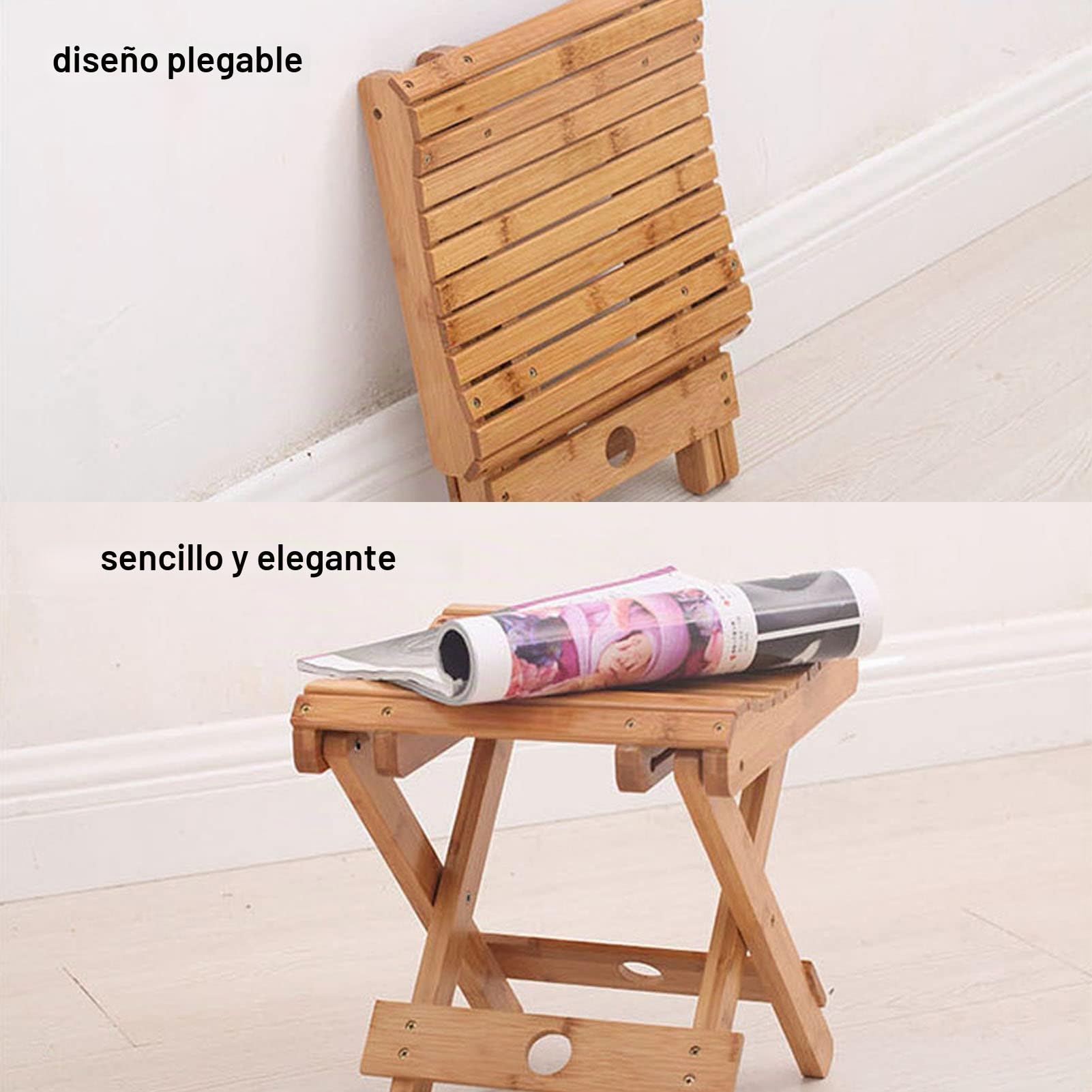 Tissting Taburete Plegable de Madera, Asiento de Ducha Portátil Plegable con Diseño Triangular Sólido, Reposapiés para Afeitado, Jardín, Baño, Balcón y SPA, Fácil de Almacenar