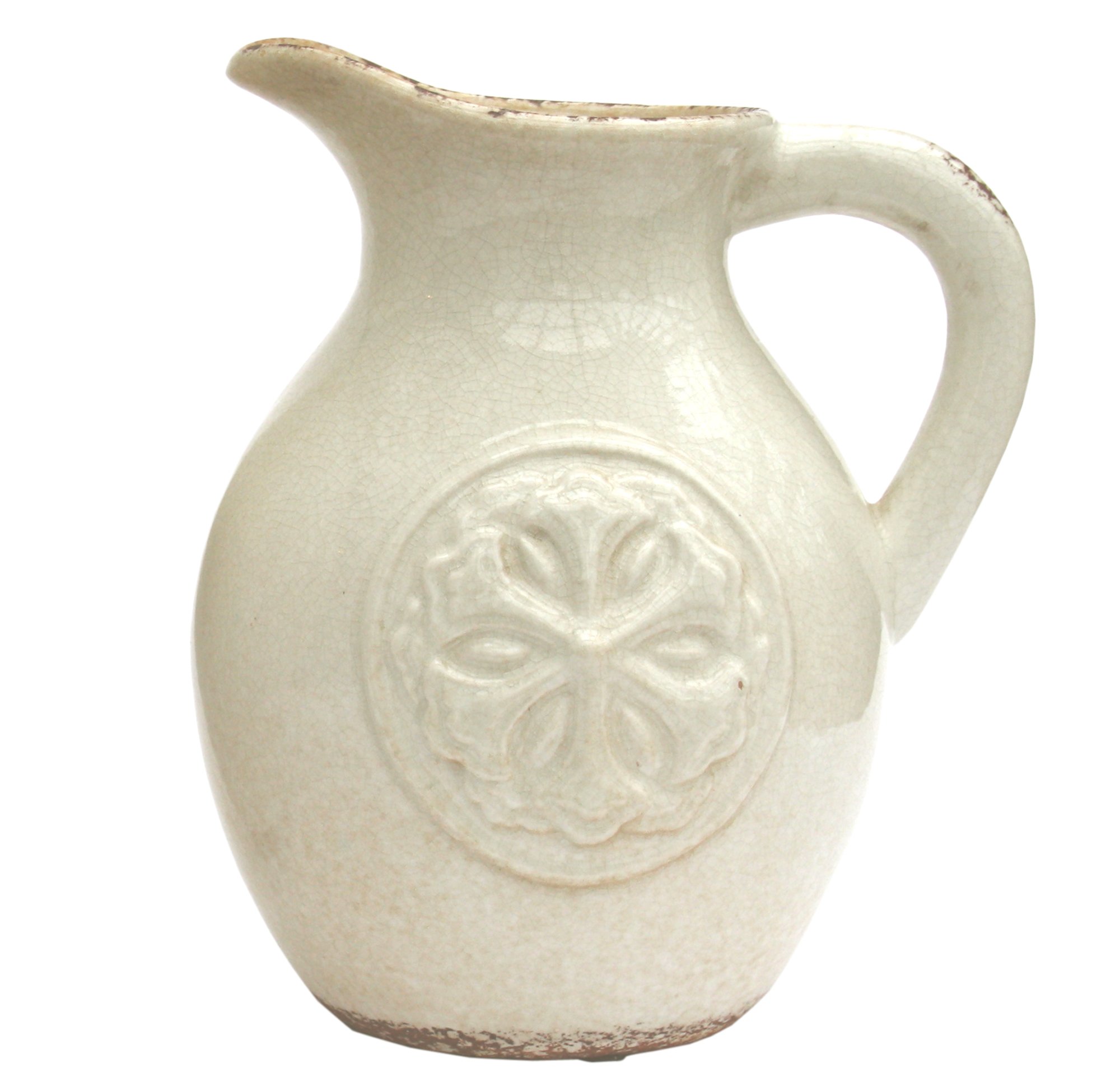 Distressed Antique White Coloured Ceramic Flower Jug with Embossed Motif