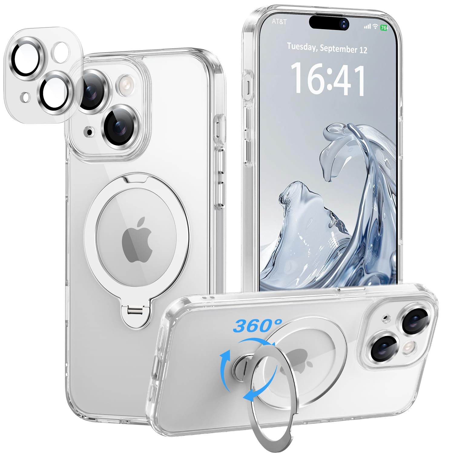 iPhone 15 用 ケース【極限の透明感と保護力】4in1 カメラ保護一体/MagSafe対応/360度回転スタンド/ストラップホール穴付き