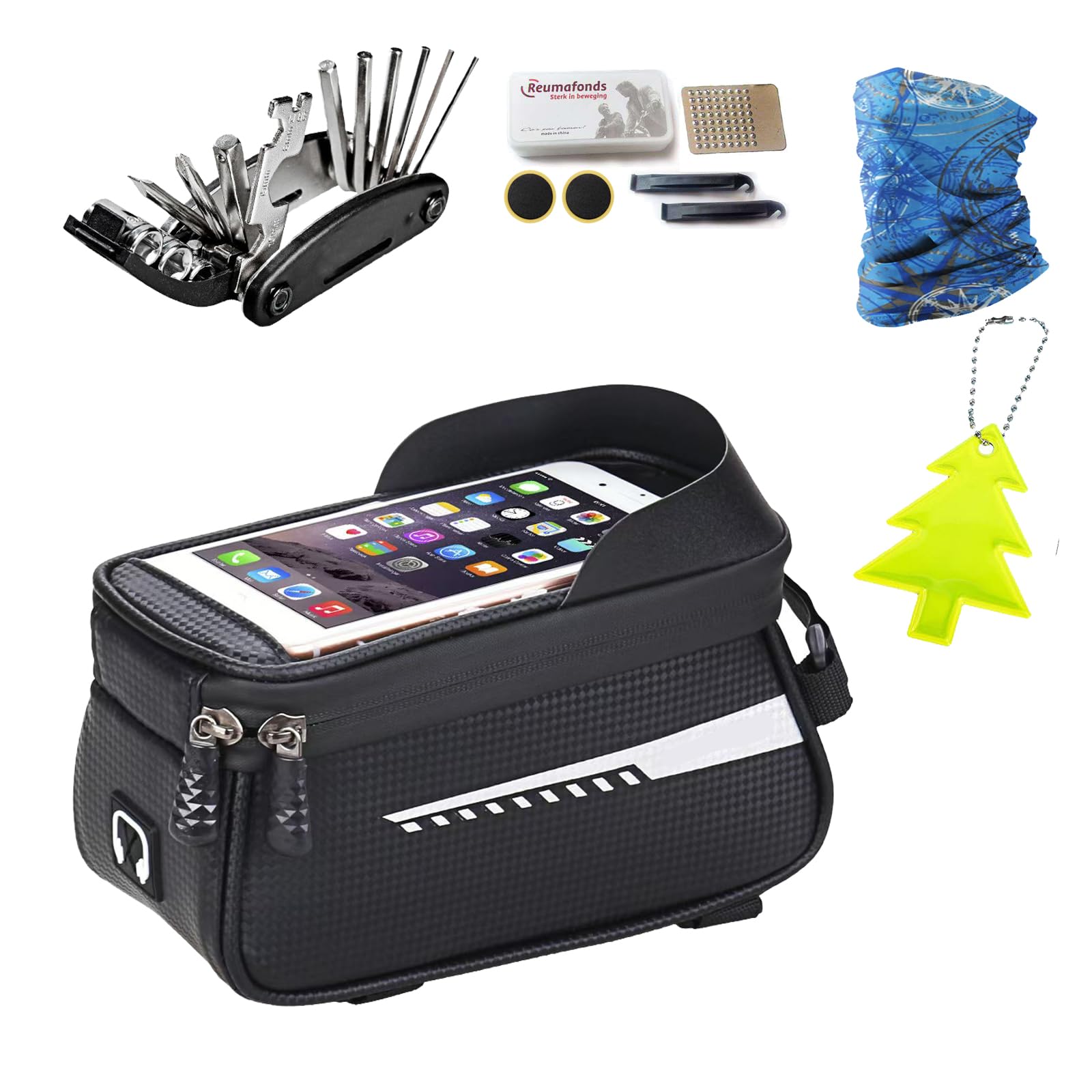super NADIAK Waterproof Bike Frame Bag with 6" Phone Window – Complete Cycling Set with 16-in-1 Multi Tool & Safety Accessories (Style 2)