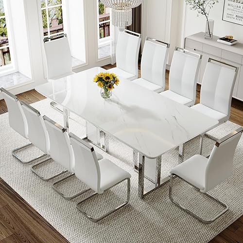 79" White Dining Table Set for 10,White Glossy Kitchen Room Dining Tables with Chairs,10 Seater Extra Large Dinning Table and Chairs for Kitchen Dining Room