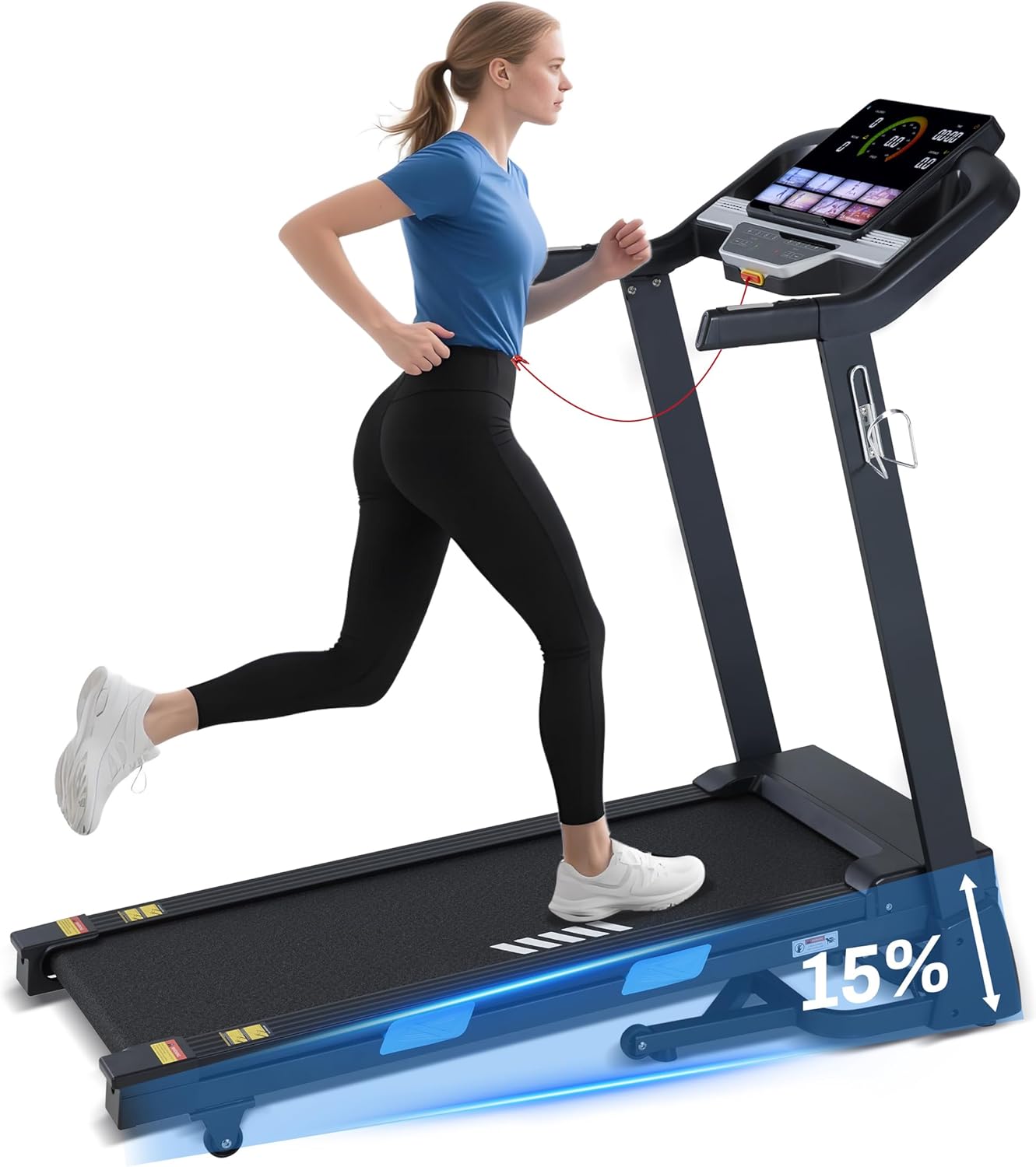 Woman running on the BORGUSI treadmill, demonstrating the 15% auto incline feature.