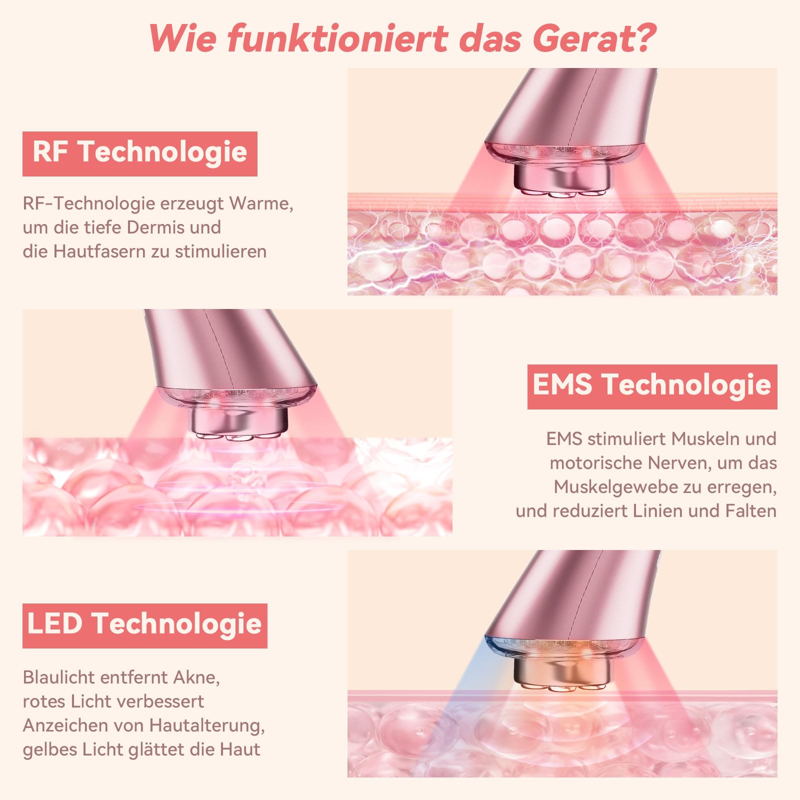 CARER BEAUTY Gesichtsmassagegerät Gegen Falten RF Schönheitsgerät mit 3 LED Licht EMS Phototherapie für Anti-Aging Faltenreduzierung feine Linienreduktion
