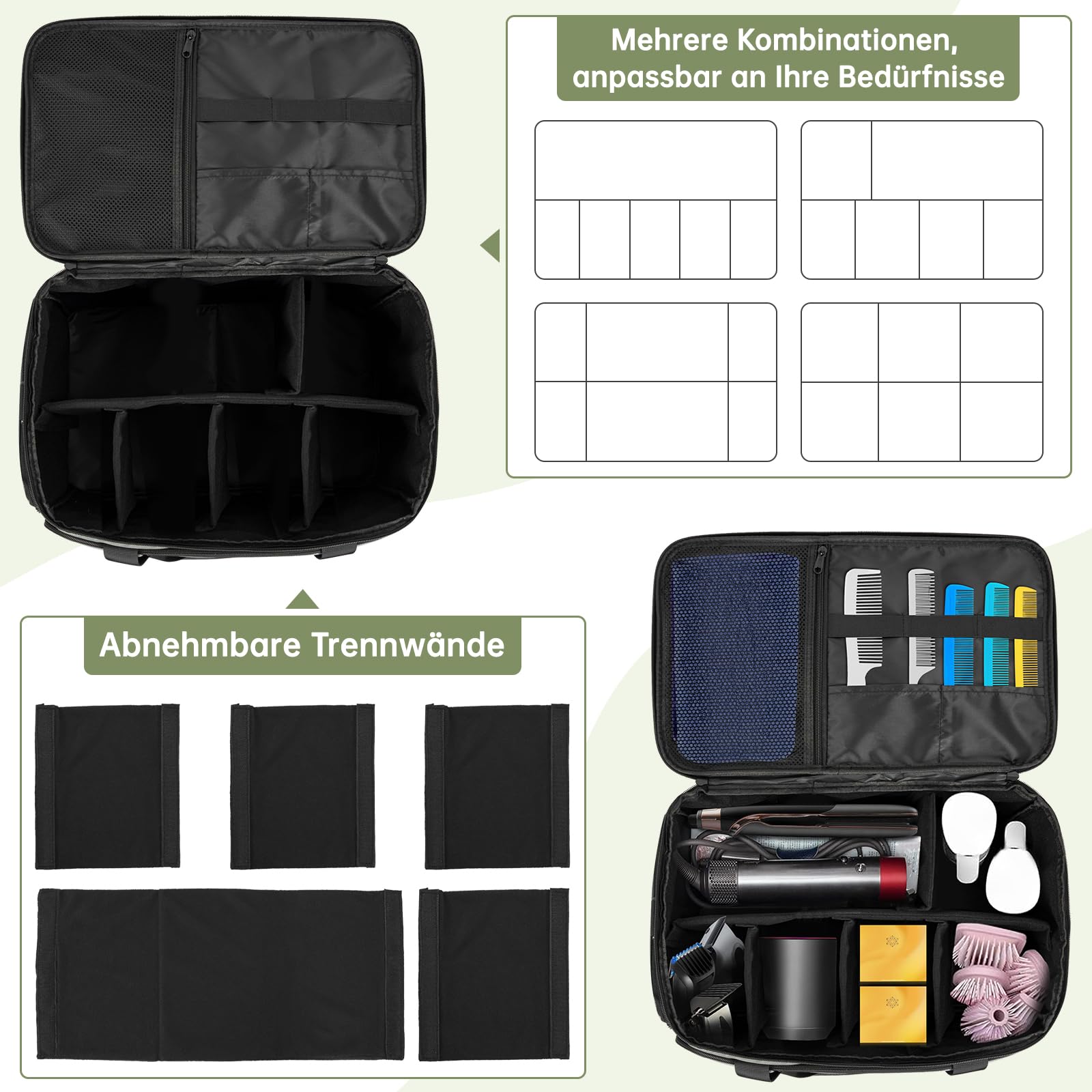 Borsa da parrucchiere professionale portatile, con tasche multiple e divisioni regolabili per accessori. Ideale per parrucchieri e visagisti.