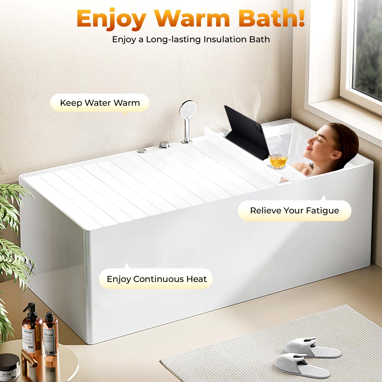 MINRS Housse de baignoire pliable - Étanche à la poussière - 170 x 70 x 0,65 cm - Isolation PVB - Charge maximale : 5 kg - Pour la maison, la salle de bain, le spa, grain de bois blanc