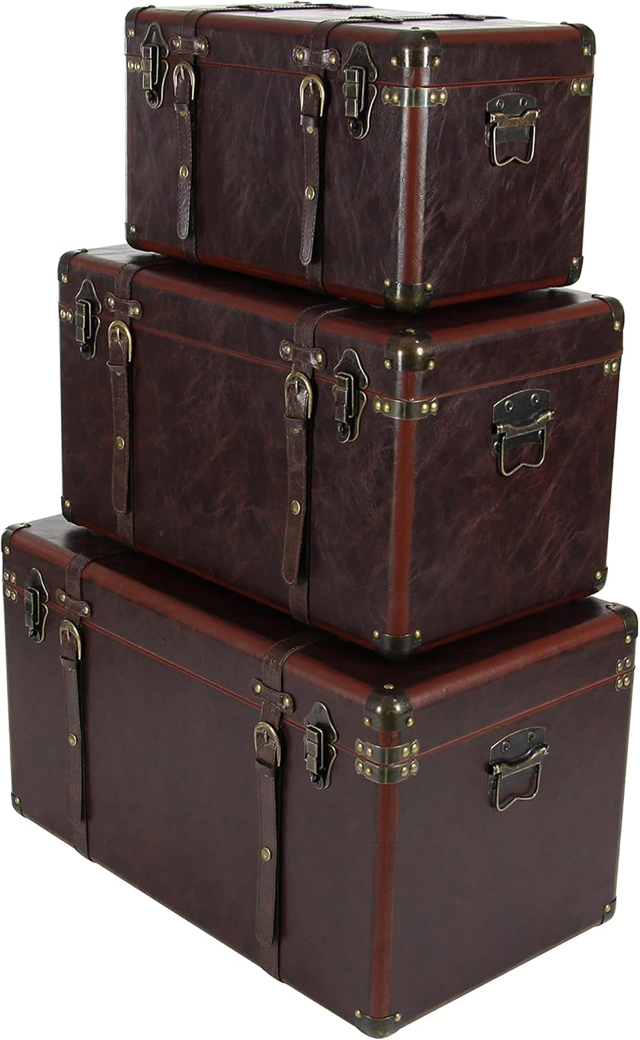 Deco 79 56977 Matte Leather and Wood Trunks (Set of 3), Brown : Home & Kitchen