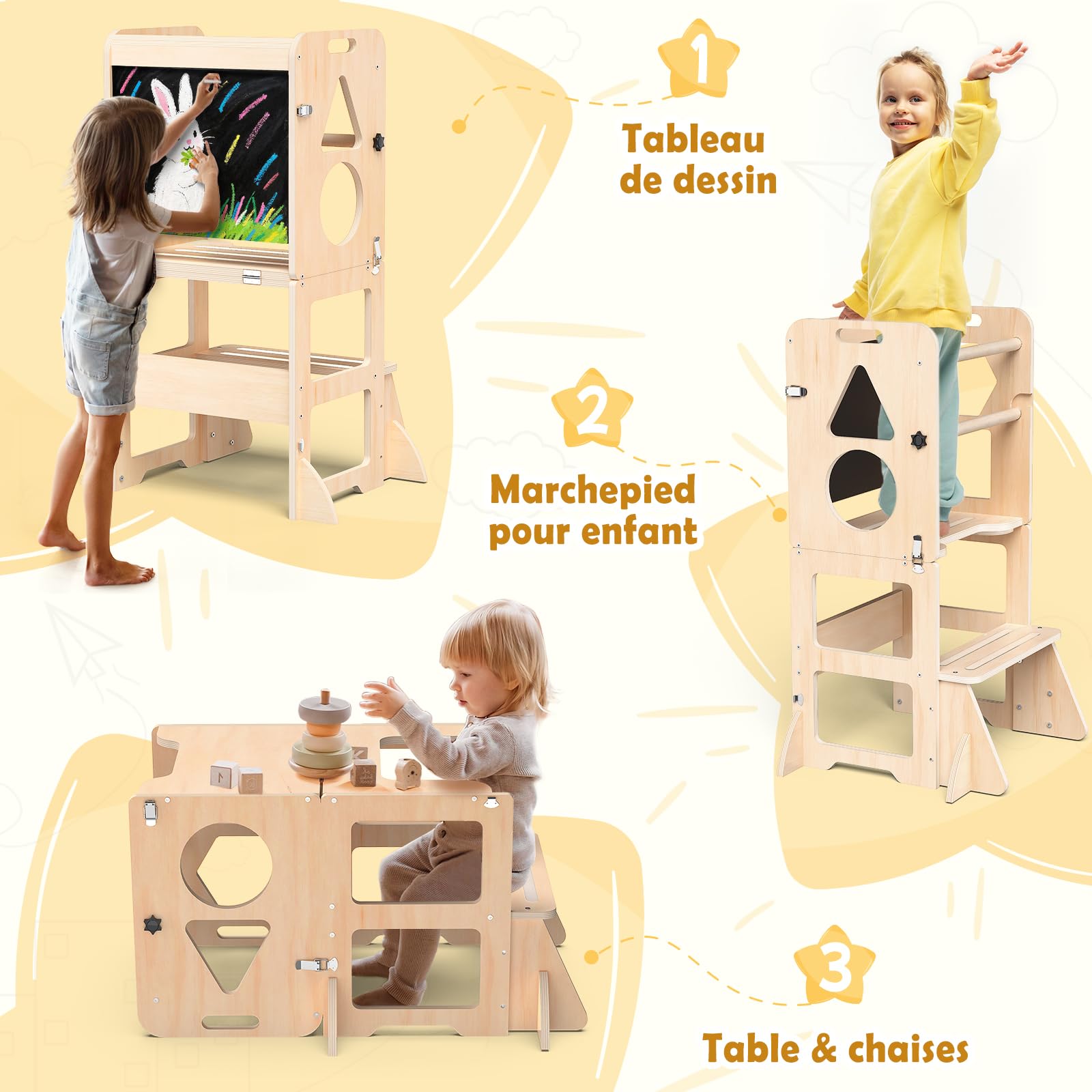 Woodure 3 in 1 Lernturm für Kinder ab 1 Jahr | Klappbare Trittleiter mit Tafel | Ideal für Küche, Tisch und Bad
