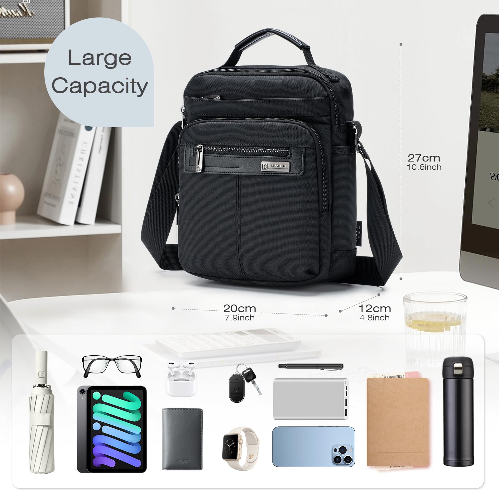 SPAHER Borsa Uomo Tracolla Borsello Ipad Impermeabile, Lavoro Tablet