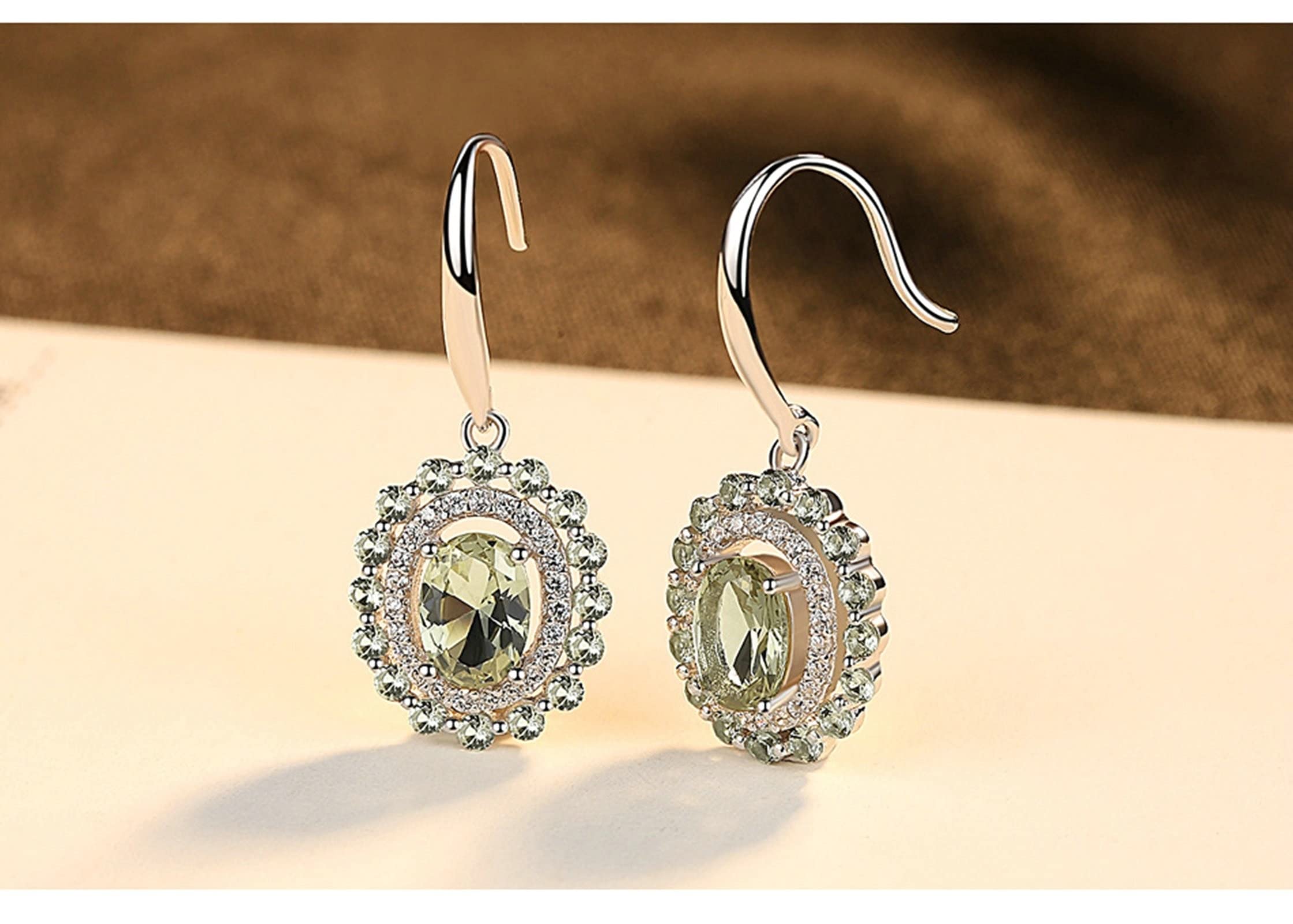 Hängeohrringe Aesthetic, Ohrring Damen Silber 925 Olivgrün 5x7mm Zirkonia Ovale Form Olivgrüner Zirkonia Ohringe Valentinstag Geschenk 29x12mm