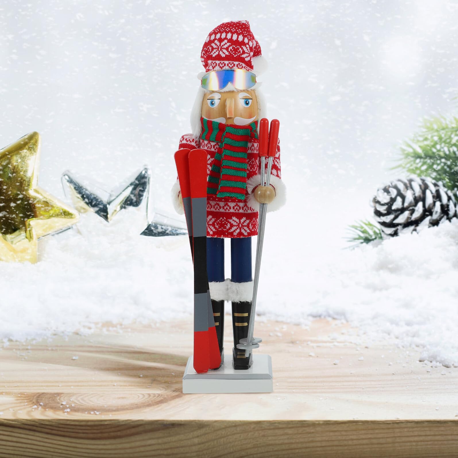 BESPORTBLE Weihnachts Nussknacker Figur 38cm mit Gestreiftem Schal Skifahrer Jungen Dekoration für Festliche Tisch und Wohnraumgestaltung