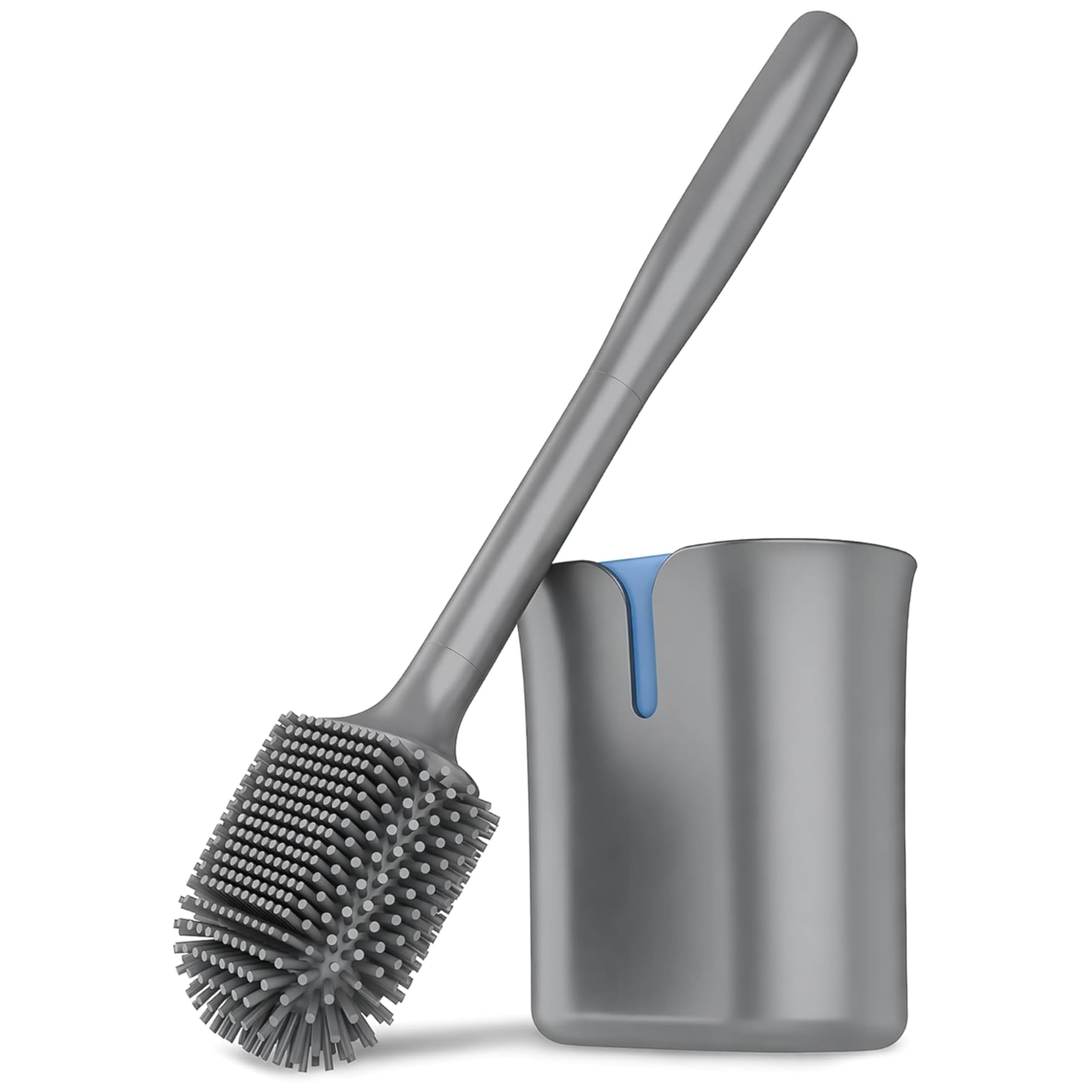 Premium Silicone Toilet Brush and Holder Set for Bathroom - Flexible TPR Bristles for Deep Cleaning - Non-Scratch 360° Wall Mounted or Freestanding Loo Brush with Quick Drying Base (Grey & Blue)