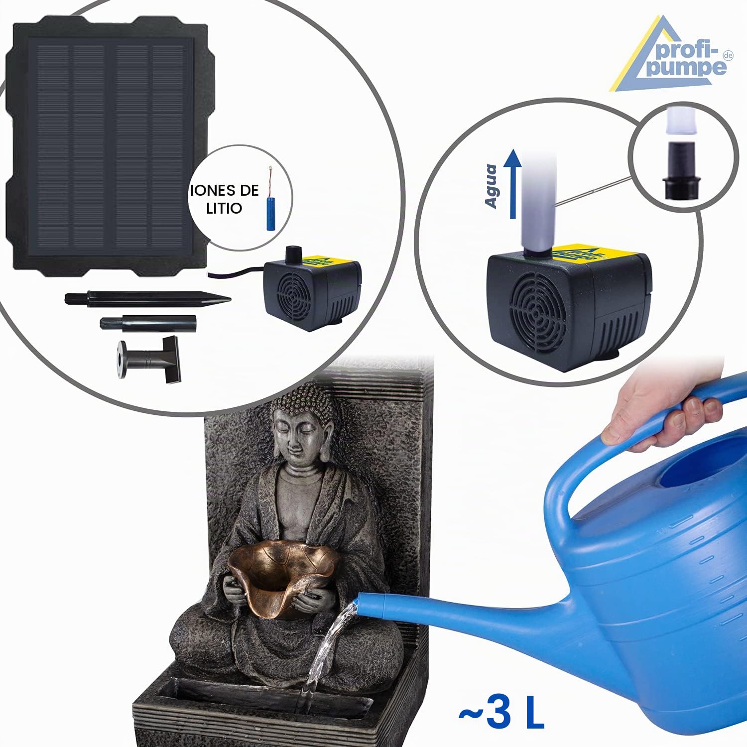 Fuente para Jardin Fuente de Agua Fuente de Tranquilidad Buda Fuente con iluminacion para Jardin, terraza, Balcon con Bomba, iluminacion Solar, bateria de Iones de Litio y luz LED