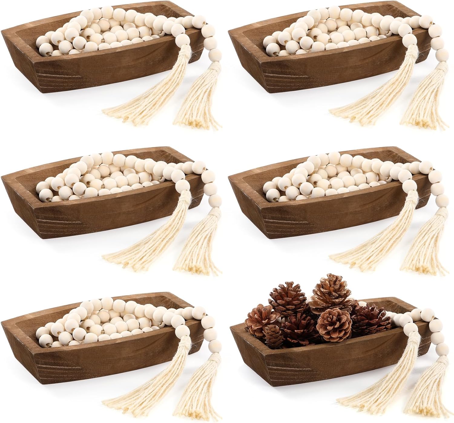 LemonRoad 12 Pcs Wooden Dough Bowl for Candle Making Wood Table Centerpiece Decorations Beads String with Tassel Decorative Bowl Natural Rustic Filler Tray Farmhouse Dining Kitchen (Wooden,Long)