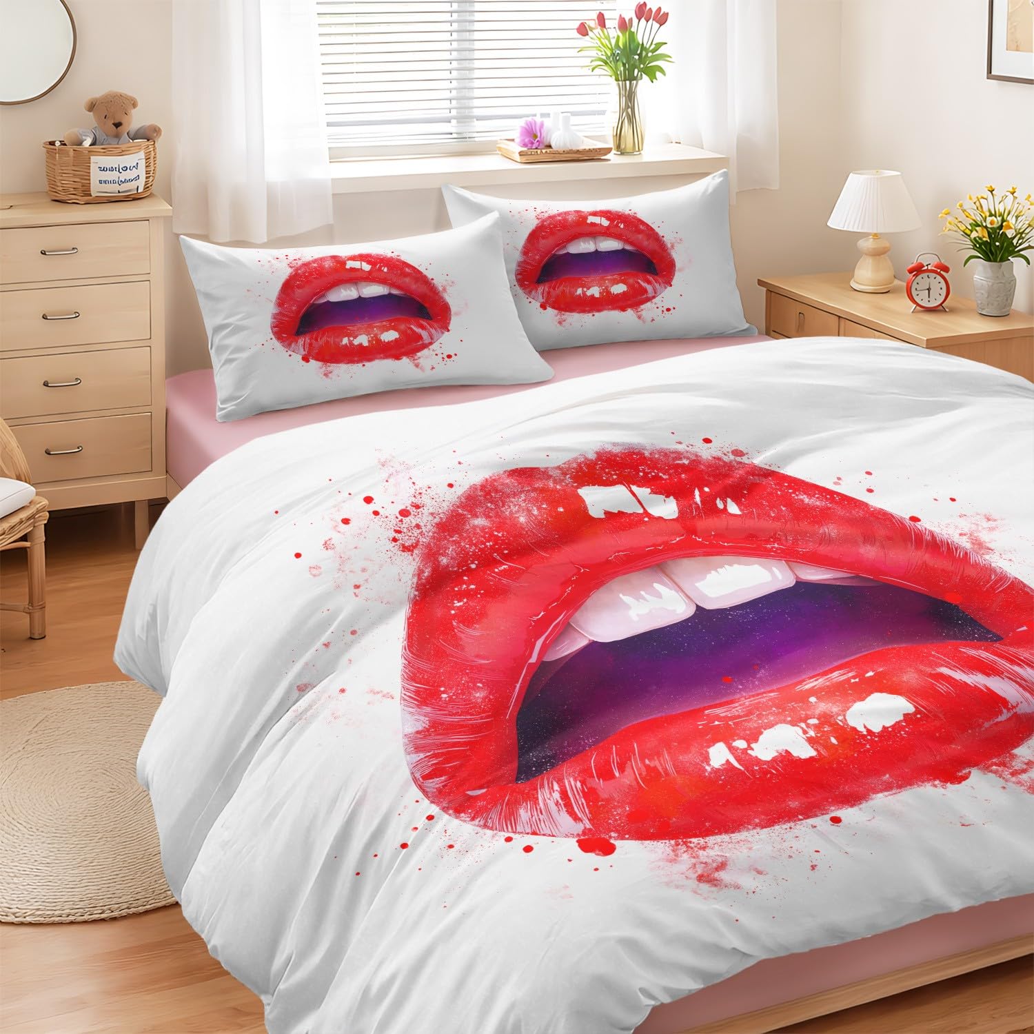 Housse de couette 140x200 cm rouge motif original avec drap housse pour lit fille garçon