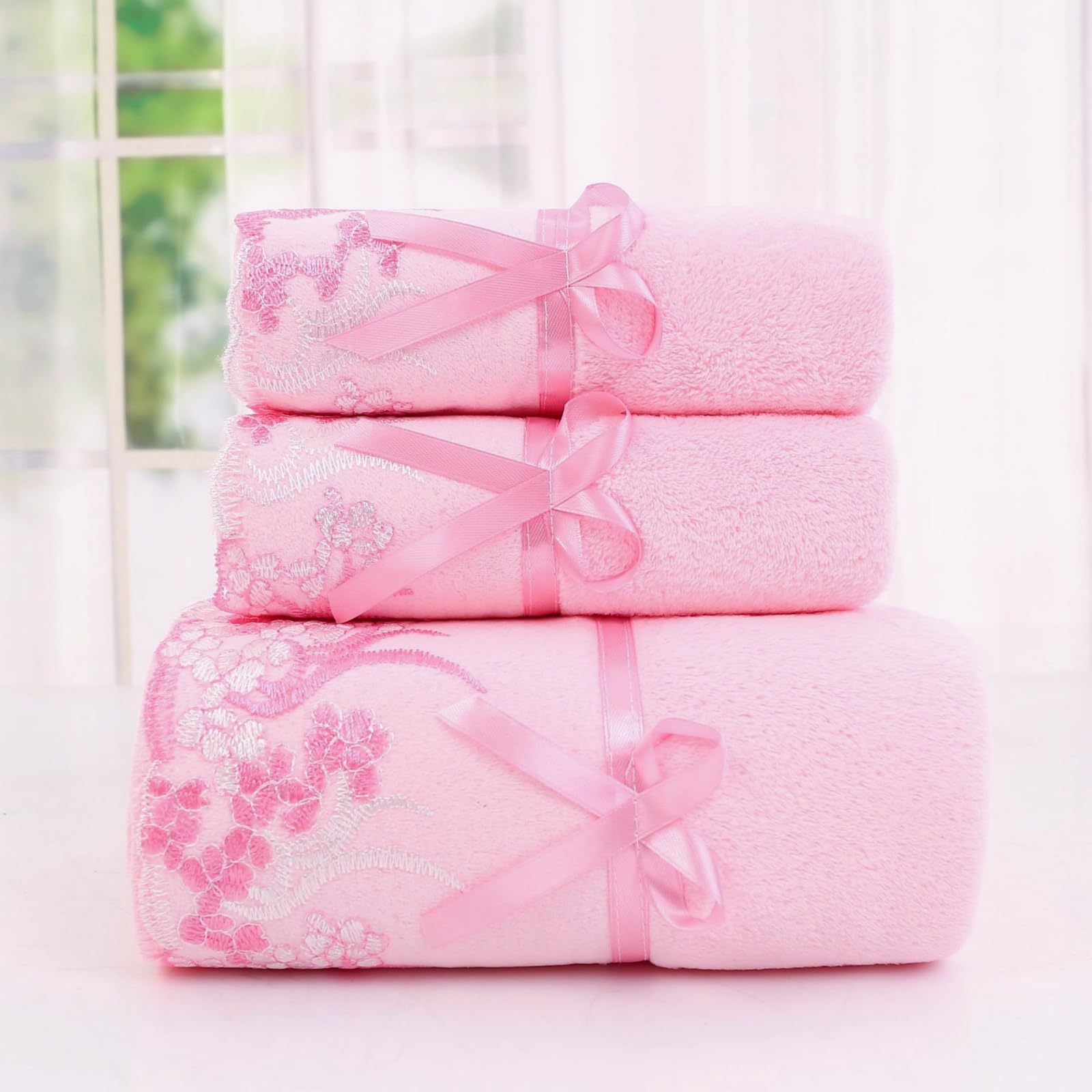 Pink Lace Bath Towels Set Velvet Ultra Soft Absorbent Bath Towel and Hand Towels Set for Bathroom Shower