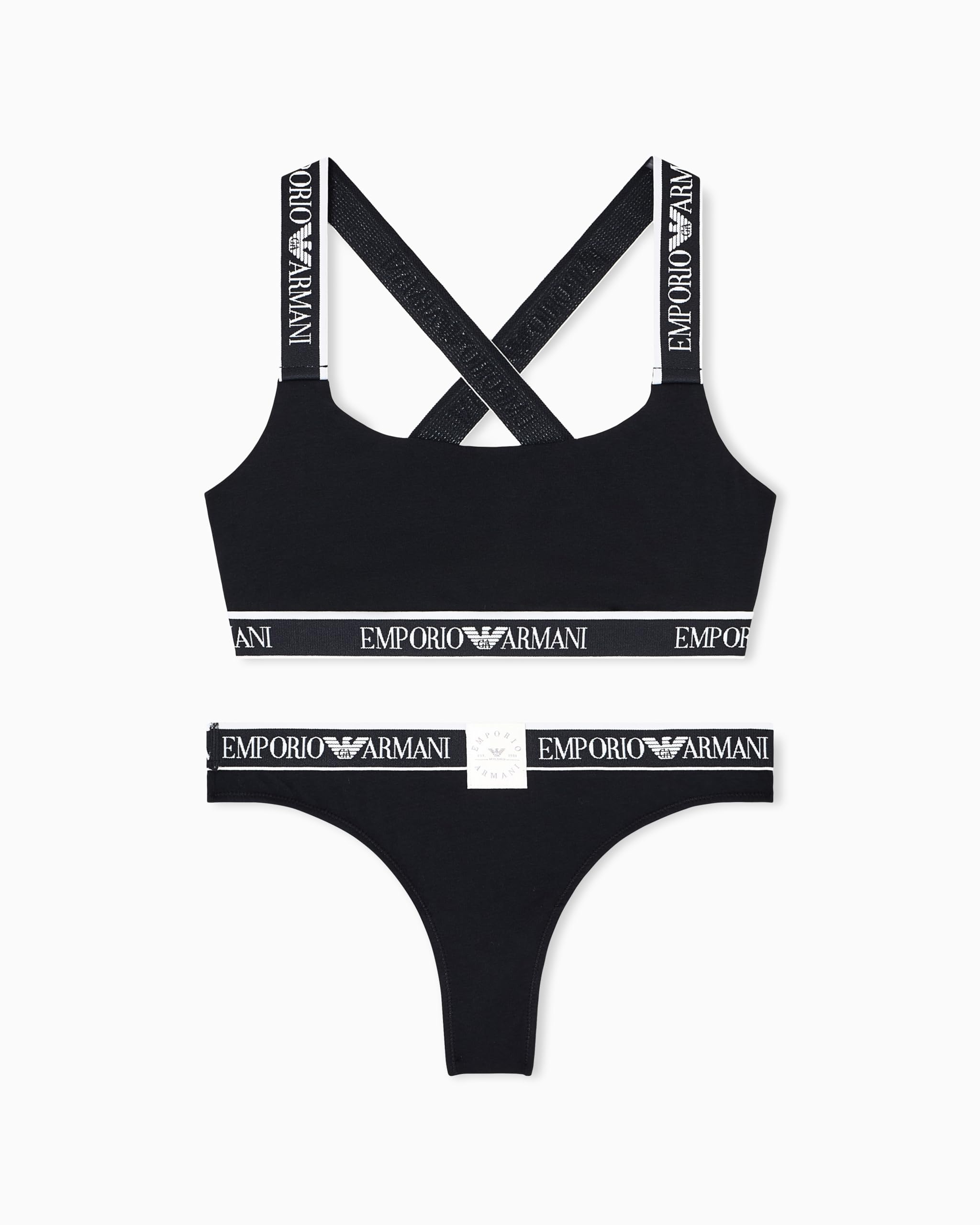 Emporio Armani Woman's Iconic Logoband Bralette + Brazilian Black M