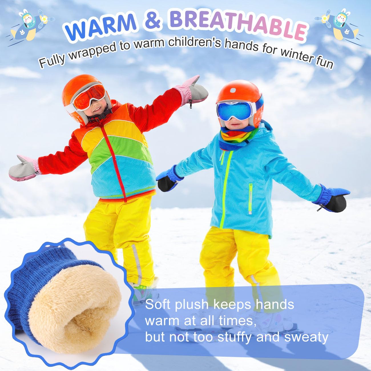 Rhino Valley Guantes de Esquí para Niños, Manoplas de Nieve Impermeables para Niños, Guantes de Invierno Cálidas con Cinta Ajustable, Guantes de Nieve para Niñas al Aire Libre y Snowboard